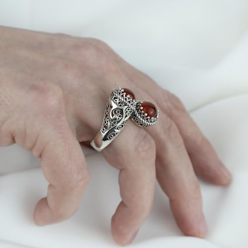 925 Sterling Silver Filigree Art Lace Embroidery Women Double Stone Bypass Cocktail Ring with Amethyst, Citrine, Blue Topaz, Blue Quartz Gemstones, Luxurious Gift Packed