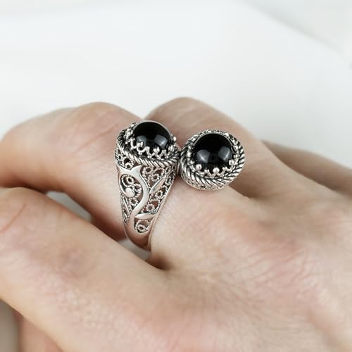 925 Sterling Silver Filigree Art Lace Embroidery Women Double Stone Bypass Cocktail Ring with Amethyst, Citrine, Blue Topaz, Blue Quartz Gemstones, Luxurious Gift Packed