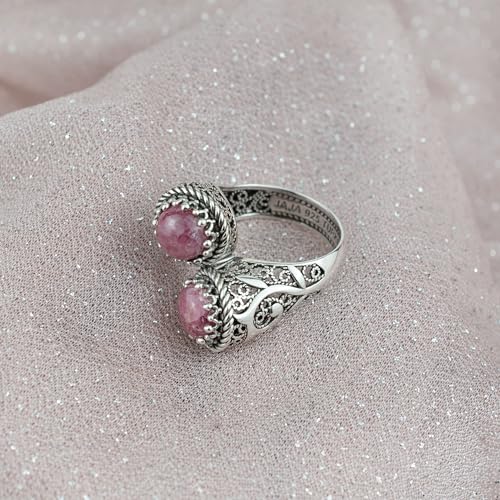 925 Sterling Silver Filigree Art Lace Embroidery Women Double Stone Bypass Cocktail Ring with Amethyst, Citrine, Blue Topaz, Blue Quartz Gemstones, Luxurious Gift Packed