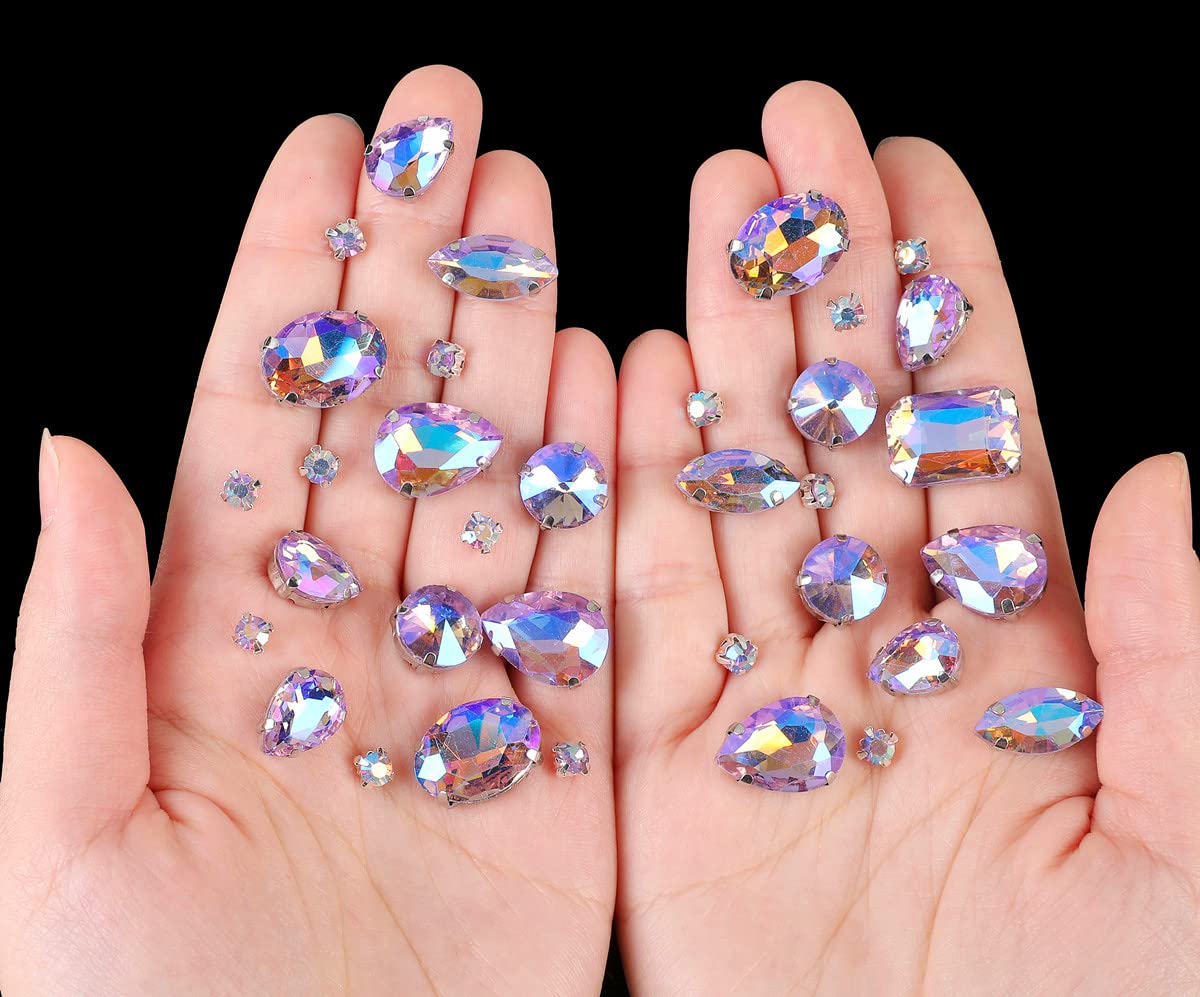 Choupee 130PCS Sew on Glass Rhinestone Blue,Sew On Rhinestone Metal Back Prong Setting Sewing Claw Rhinestone Mixed Shapes Sew On Glass Gems for Jewelry, Clothes, Costume, Shoes,Dress, Garments