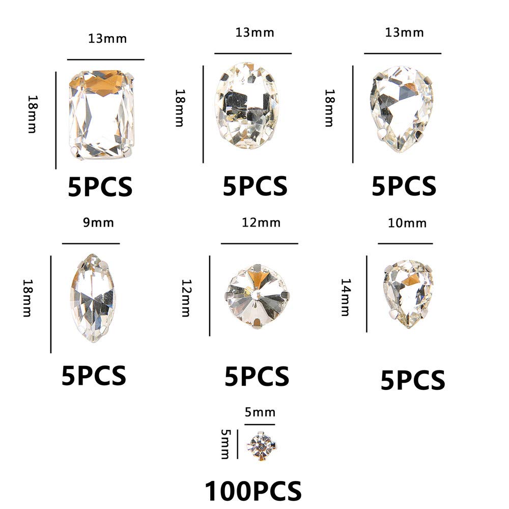 Choupee 130PCS Sew on Glass Rhinestone Blue,Sew On Rhinestone Metal Back Prong Setting Sewing Claw Rhinestone Mixed Shapes Sew On Glass Gems for Jewelry, Clothes, Costume, Shoes,Dress, Garments