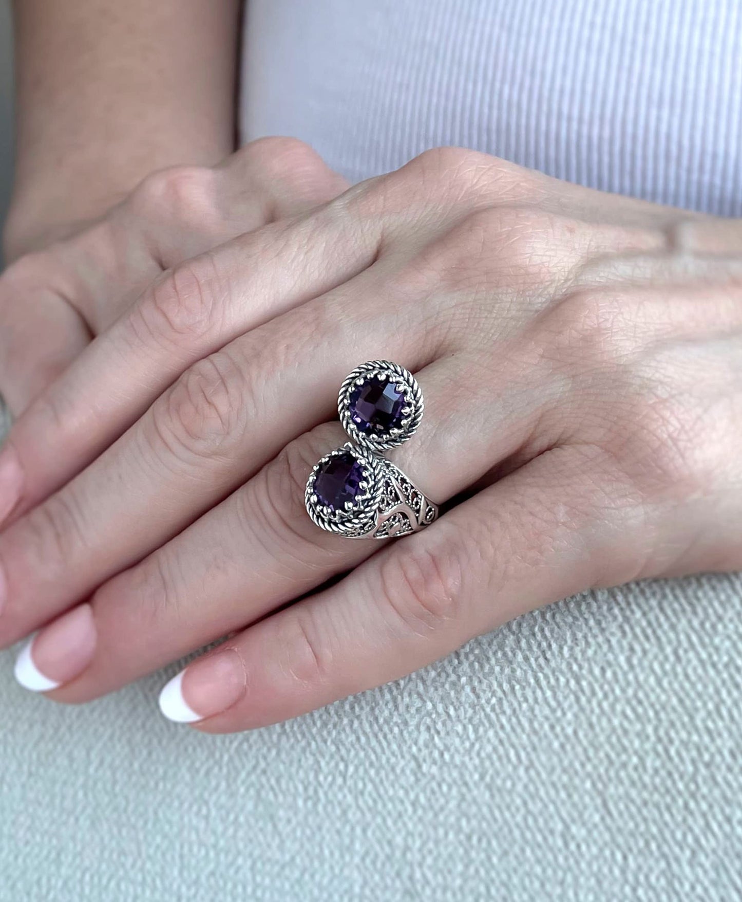 925 Sterling Silver Filigree Art Lace Embroidery Women Double Stone Bypass Cocktail Ring with Amethyst, Citrine, Blue Topaz, Blue Quartz Gemstones, Luxurious Gift Packed