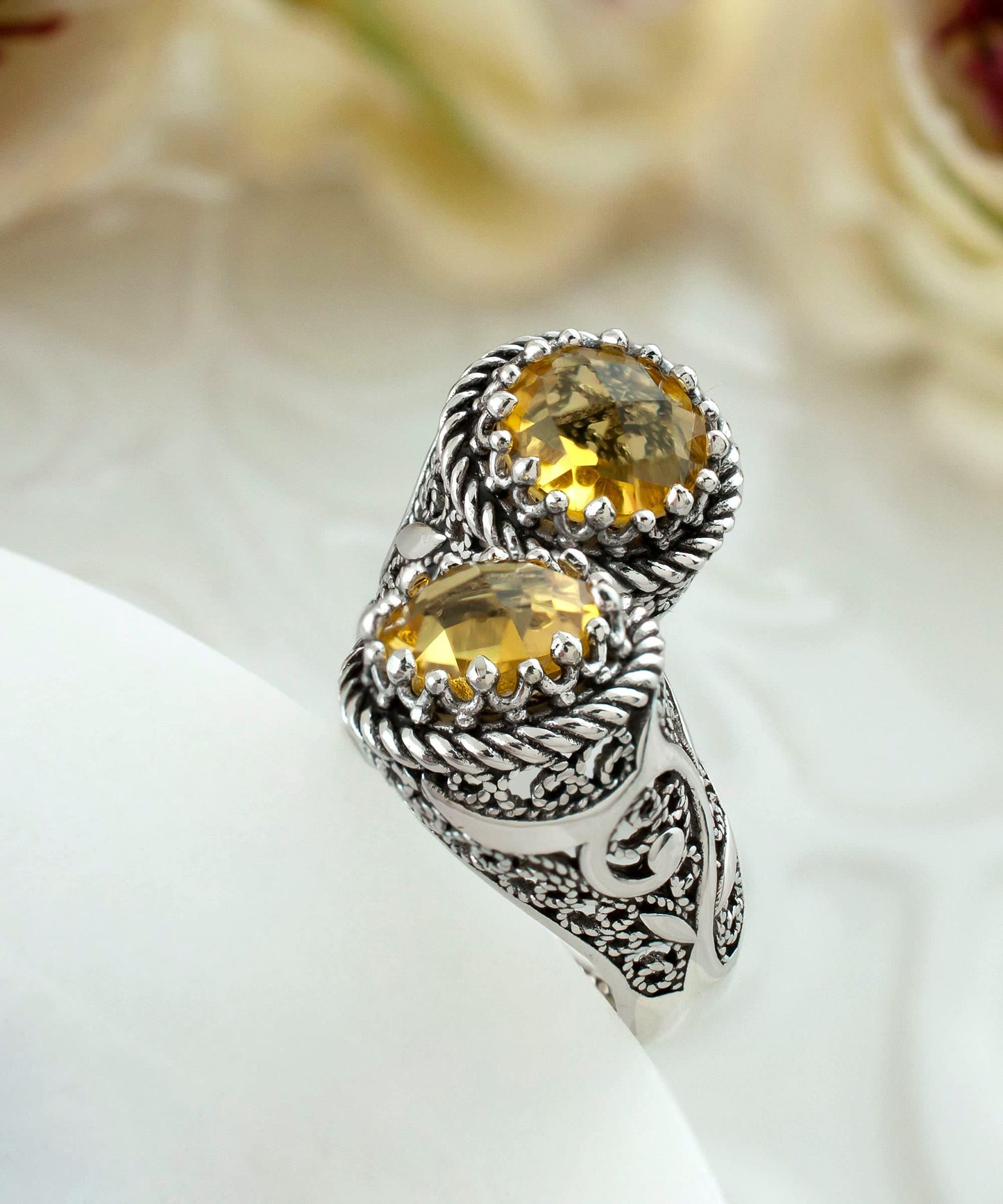 925 Sterling Silver Filigree Art Lace Embroidery Women Double Stone Bypass Cocktail Ring with Amethyst, Citrine, Blue Topaz, Blue Quartz Gemstones, Luxurious Gift Packed