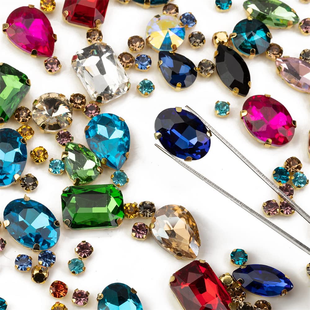Choupee 130PCS Sew on Glass Rhinestone Blue,Sew On Rhinestone Metal Back Prong Setting Sewing Claw Rhinestone Mixed Shapes Sew On Glass Gems for Jewelry, Clothes, Costume, Shoes,Dress, Garments