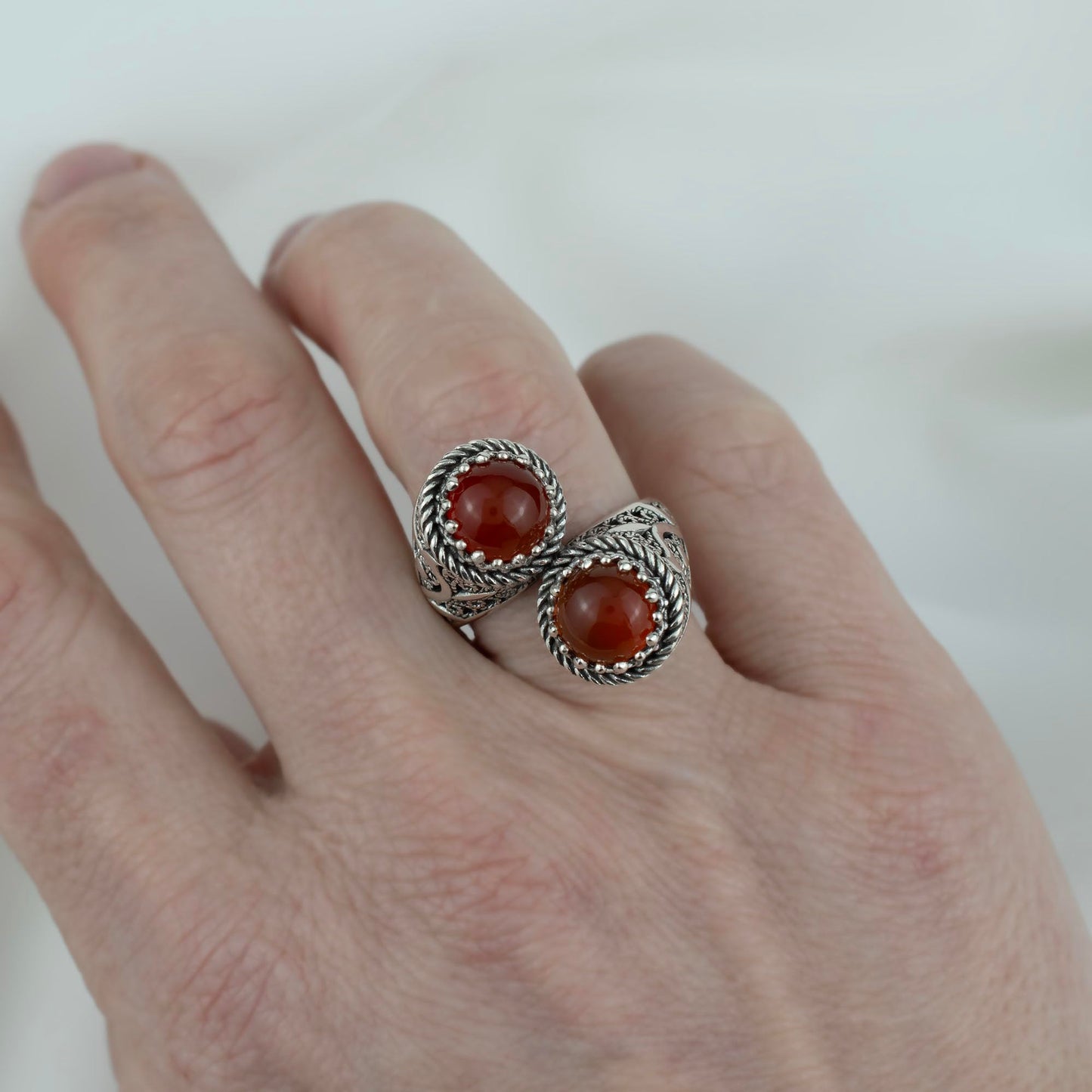 925 Sterling Silver Filigree Art Lace Embroidery Women Double Stone Bypass Cocktail Ring with Amethyst, Citrine, Blue Topaz, Blue Quartz Gemstones, Luxurious Gift Packed