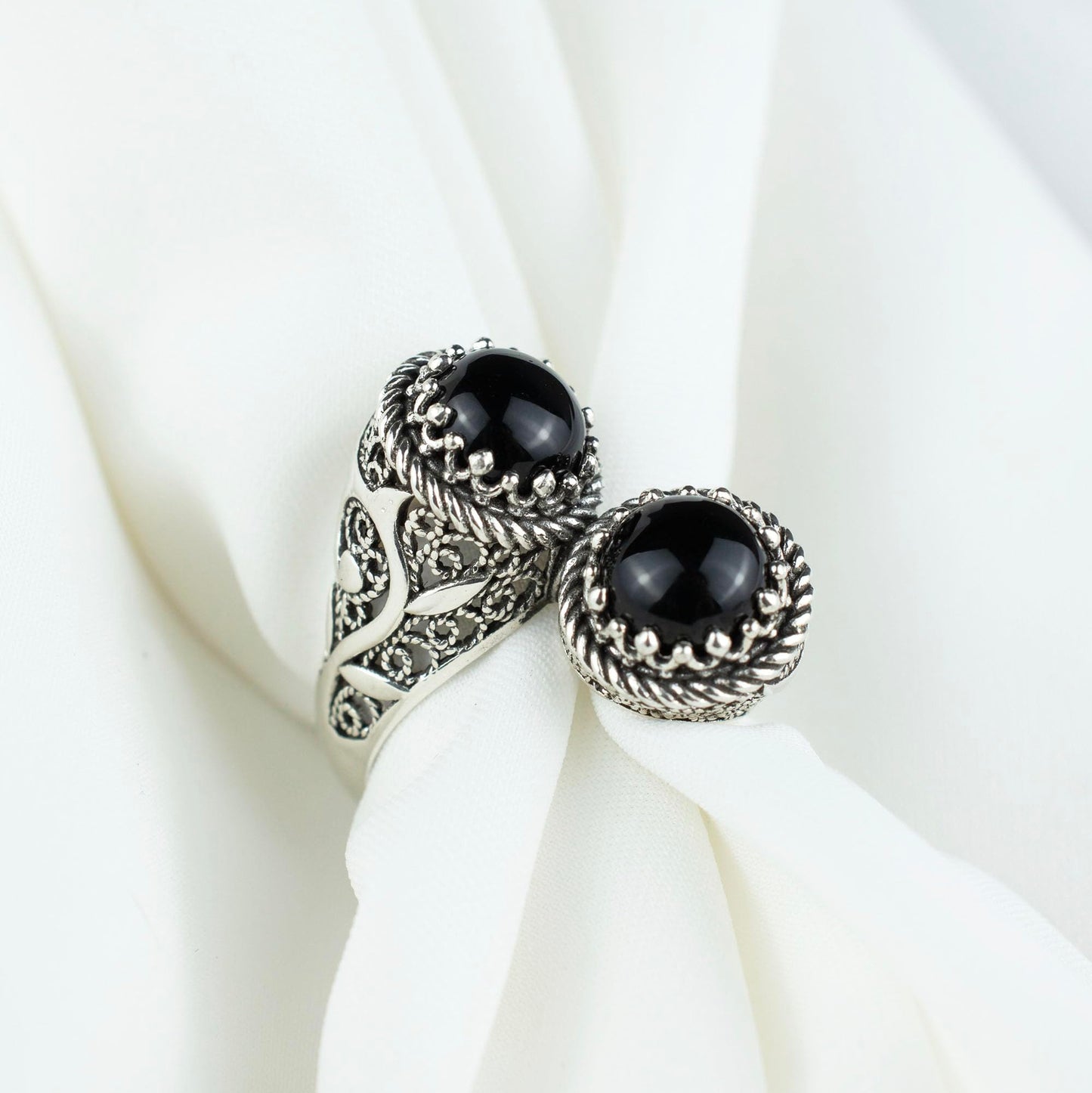 925 Sterling Silver Filigree Art Lace Embroidery Women Double Stone Bypass Cocktail Ring with Amethyst, Citrine, Blue Topaz, Blue Quartz Gemstones, Luxurious Gift Packed