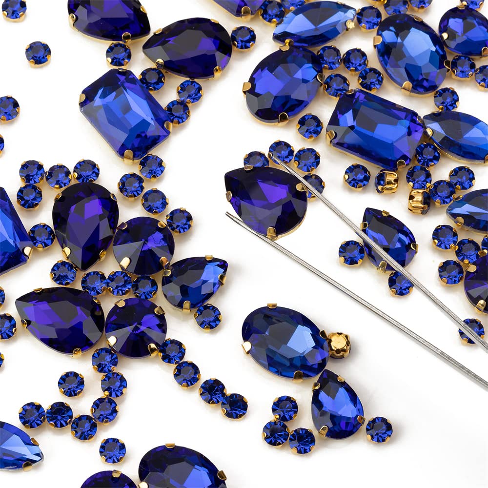 Choupee 130PCS Sew on Glass Rhinestone Blue,Sew On Rhinestone Metal Back Prong Setting Sewing Claw Rhinestone Mixed Shapes Sew On Glass Gems for Jewelry, Clothes, Costume, Shoes,Dress, Garments