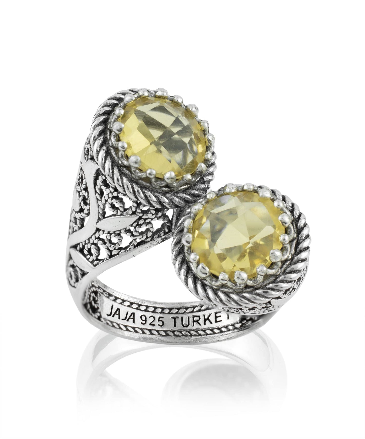 925 Sterling Silver Filigree Art Lace Embroidery Women Double Stone Bypass Cocktail Ring with Amethyst, Citrine, Blue Topaz, Blue Quartz Gemstones, Luxurious Gift Packed