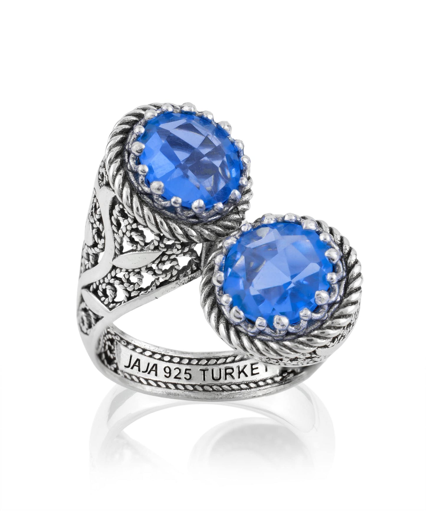 925 Sterling Silver Filigree Art Lace Embroidery Women Double Stone Bypass Cocktail Ring with Amethyst, Citrine, Blue Topaz, Blue Quartz Gemstones, Luxurious Gift Packed