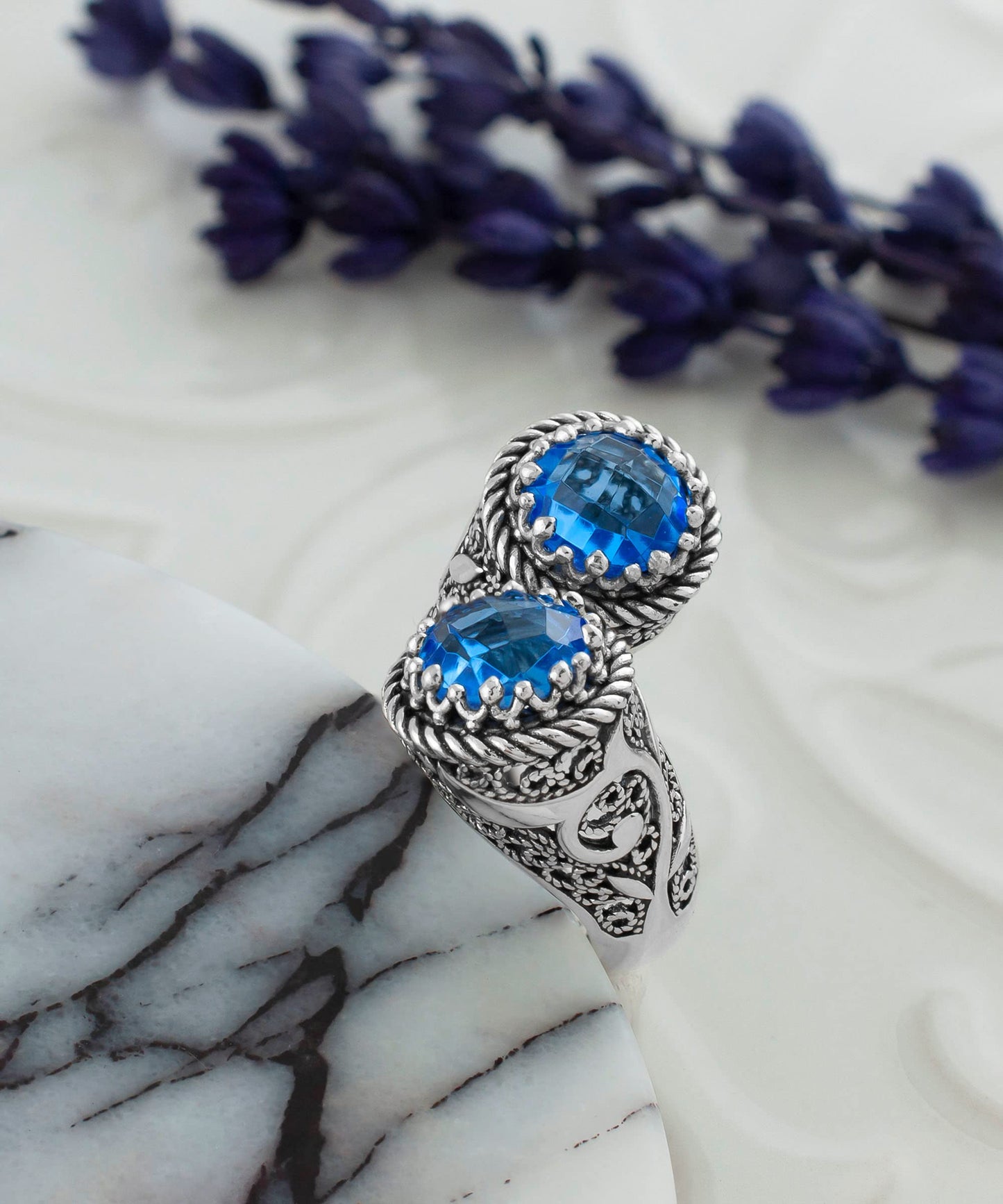 925 Sterling Silver Filigree Art Lace Embroidery Women Double Stone Bypass Cocktail Ring with Amethyst, Citrine, Blue Topaz, Blue Quartz Gemstones, Luxurious Gift Packed