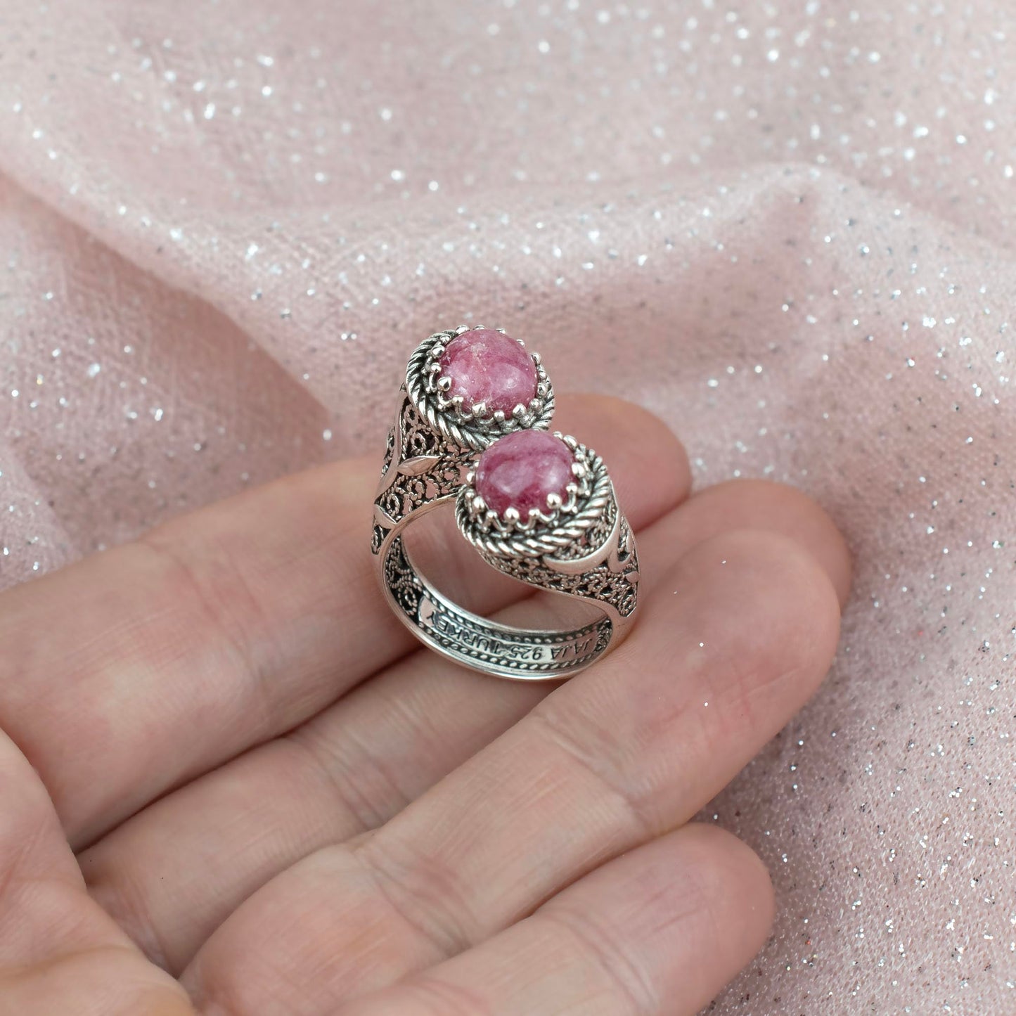 925 Sterling Silver Filigree Art Lace Embroidery Women Double Stone Bypass Cocktail Ring with Amethyst, Citrine, Blue Topaz, Blue Quartz Gemstones, Luxurious Gift Packed