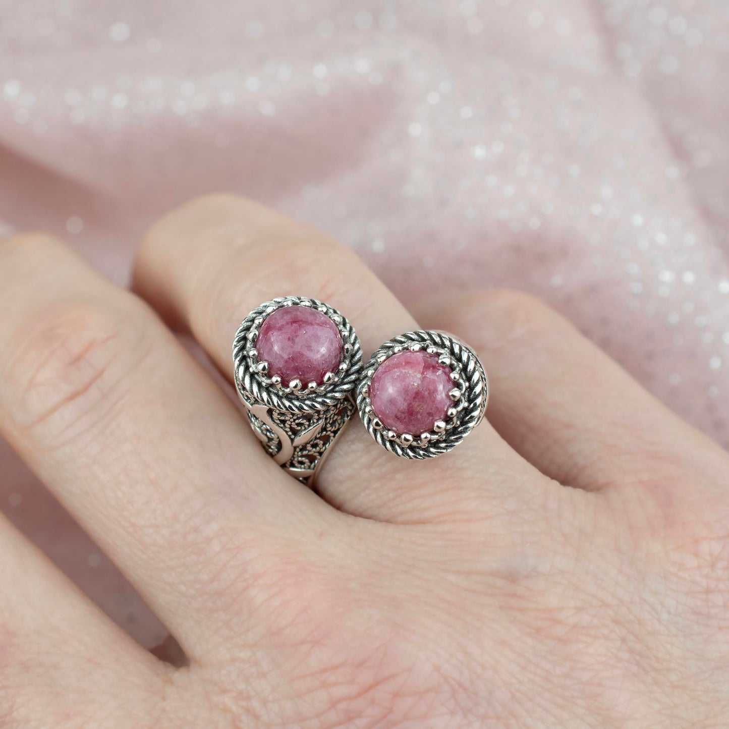 925 Sterling Silver Filigree Art Lace Embroidery Women Double Stone Bypass Cocktail Ring with Amethyst, Citrine, Blue Topaz, Blue Quartz Gemstones, Luxurious Gift Packed