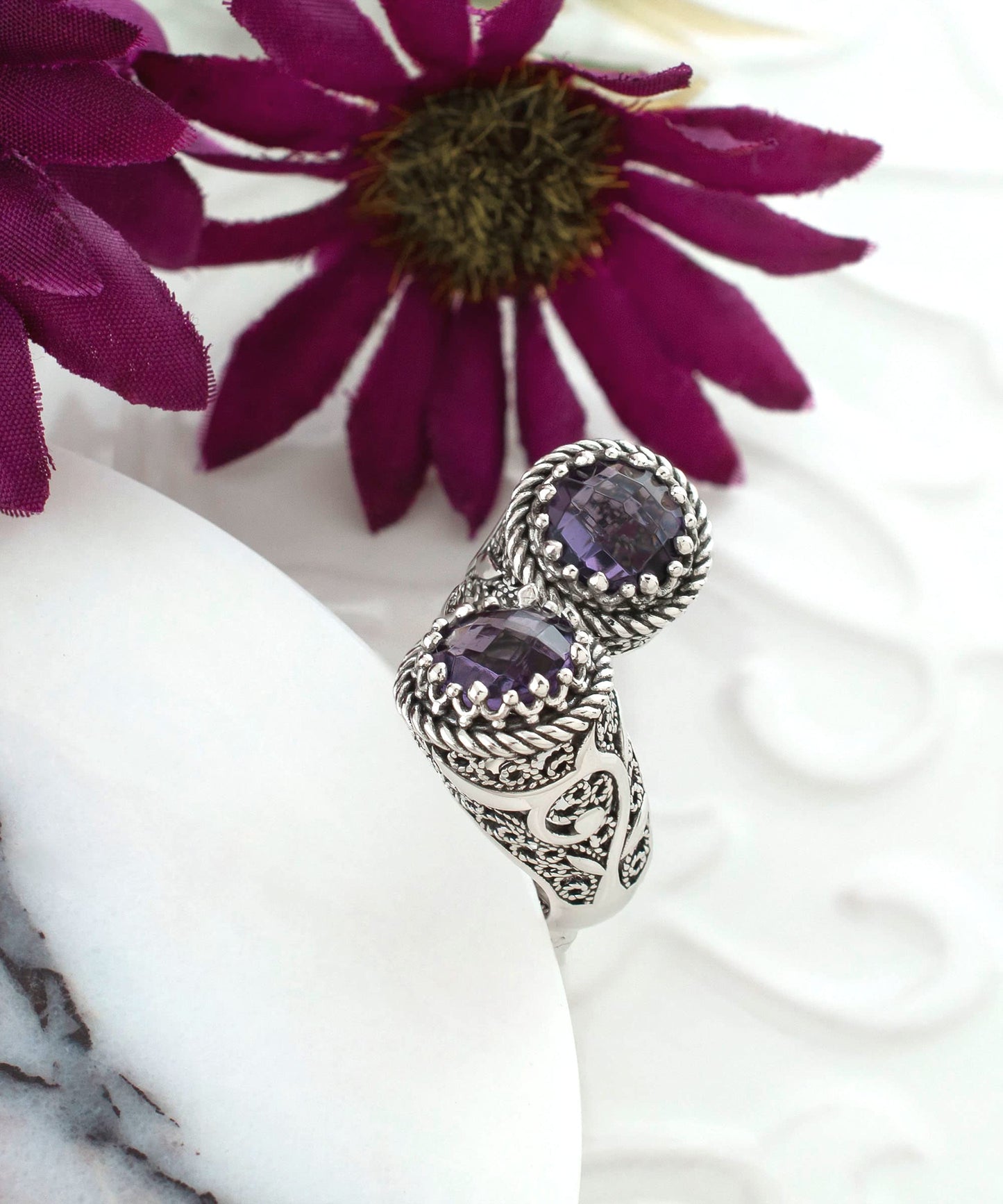 925 Sterling Silver Filigree Art Lace Embroidery Women Double Stone Bypass Cocktail Ring with Amethyst, Citrine, Blue Topaz, Blue Quartz Gemstones, Luxurious Gift Packed