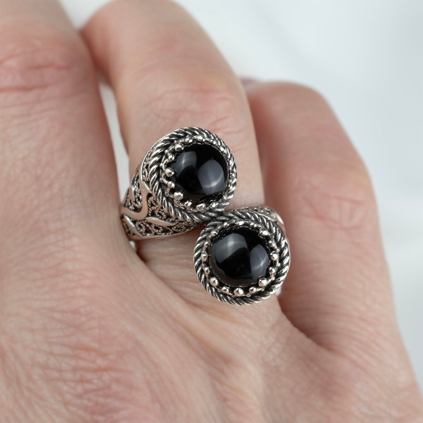 925 Sterling Silver Filigree Art Lace Embroidery Women Double Stone Bypass Cocktail Ring with Amethyst, Citrine, Blue Topaz, Blue Quartz Gemstones, Luxurious Gift Packed