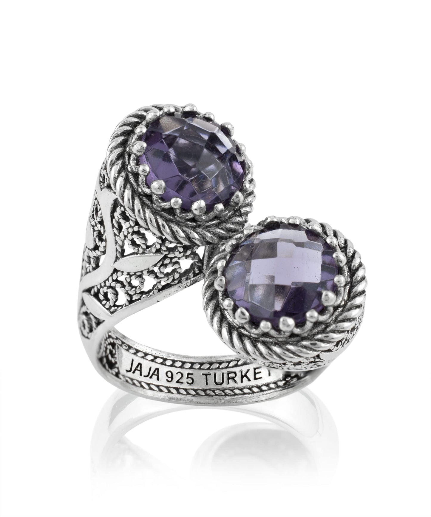 925 Sterling Silver Filigree Art Lace Embroidery Women Double Stone Bypass Cocktail Ring with Amethyst, Citrine, Blue Topaz, Blue Quartz Gemstones, Luxurious Gift Packed