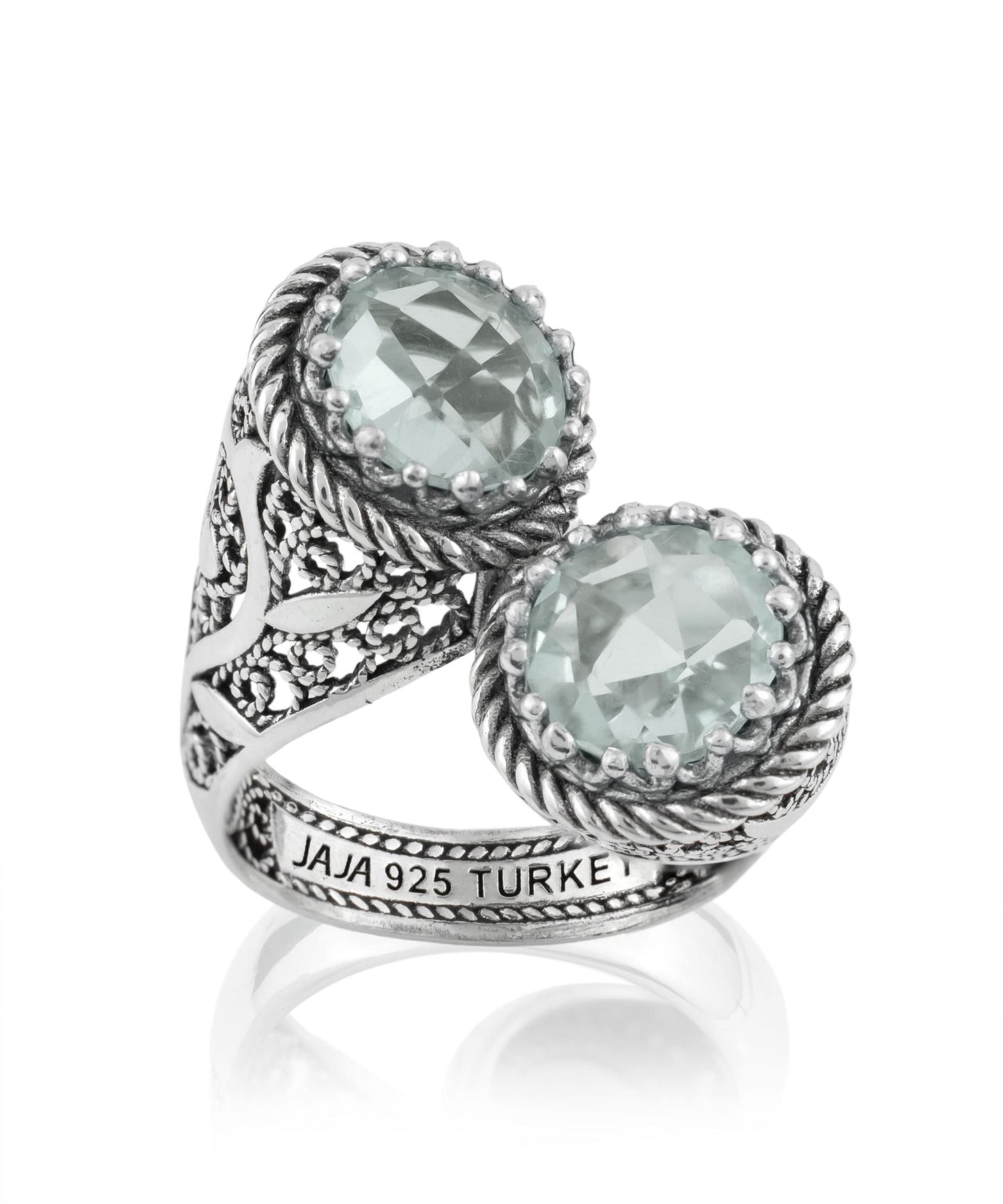925 Sterling Silver Filigree Art Lace Embroidery Women Double Stone Bypass Cocktail Ring with Amethyst, Citrine, Blue Topaz, Blue Quartz Gemstones, Luxurious Gift Packed
