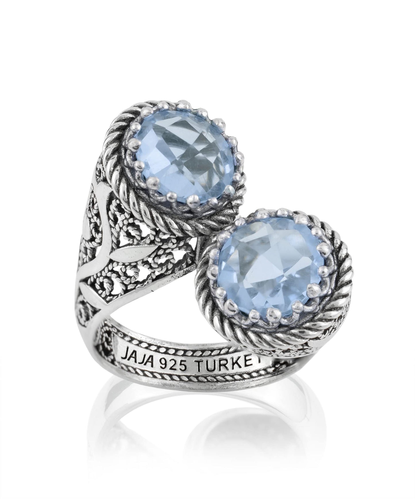925 Sterling Silver Filigree Art Lace Embroidery Women Double Stone Bypass Cocktail Ring with Amethyst, Citrine, Blue Topaz, Blue Quartz Gemstones, Luxurious Gift Packed