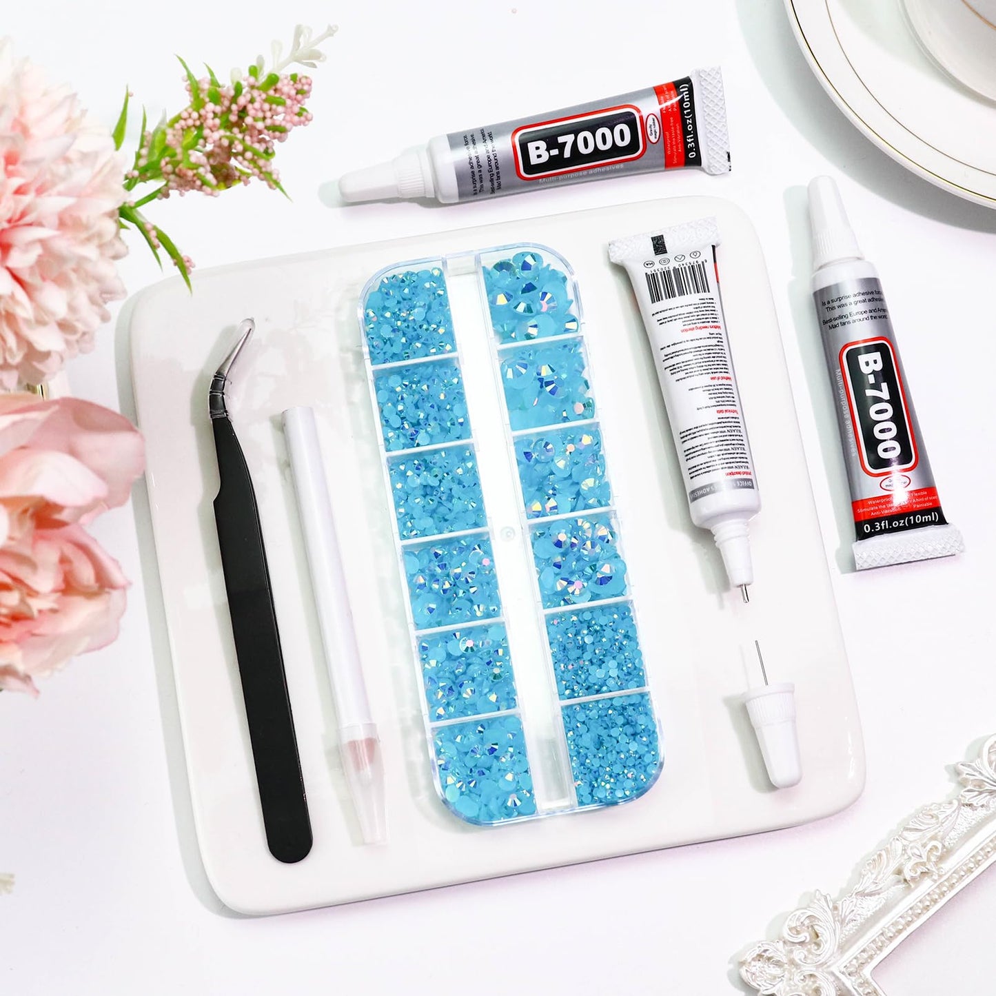 B7000 Clear Glue with 4000PCS Light Blue AB Rhinestones for Crafts Clothing Fabric Shoes, Glue Fix Sky Blue Flatback Gems for Nails Face Jewelry, Mixed 5 Sizes Diamond Gemstones Bejeweled Kit