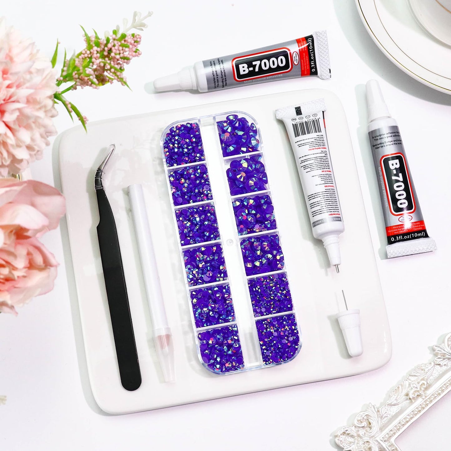 B7000 Clear Glue with 4000PCS Light Blue AB Rhinestones for Crafts Clothing Fabric Shoes, Glue Fix Sky Blue Flatback Gems for Nails Face Jewelry, Mixed 5 Sizes Diamond Gemstones Bejeweled Kit