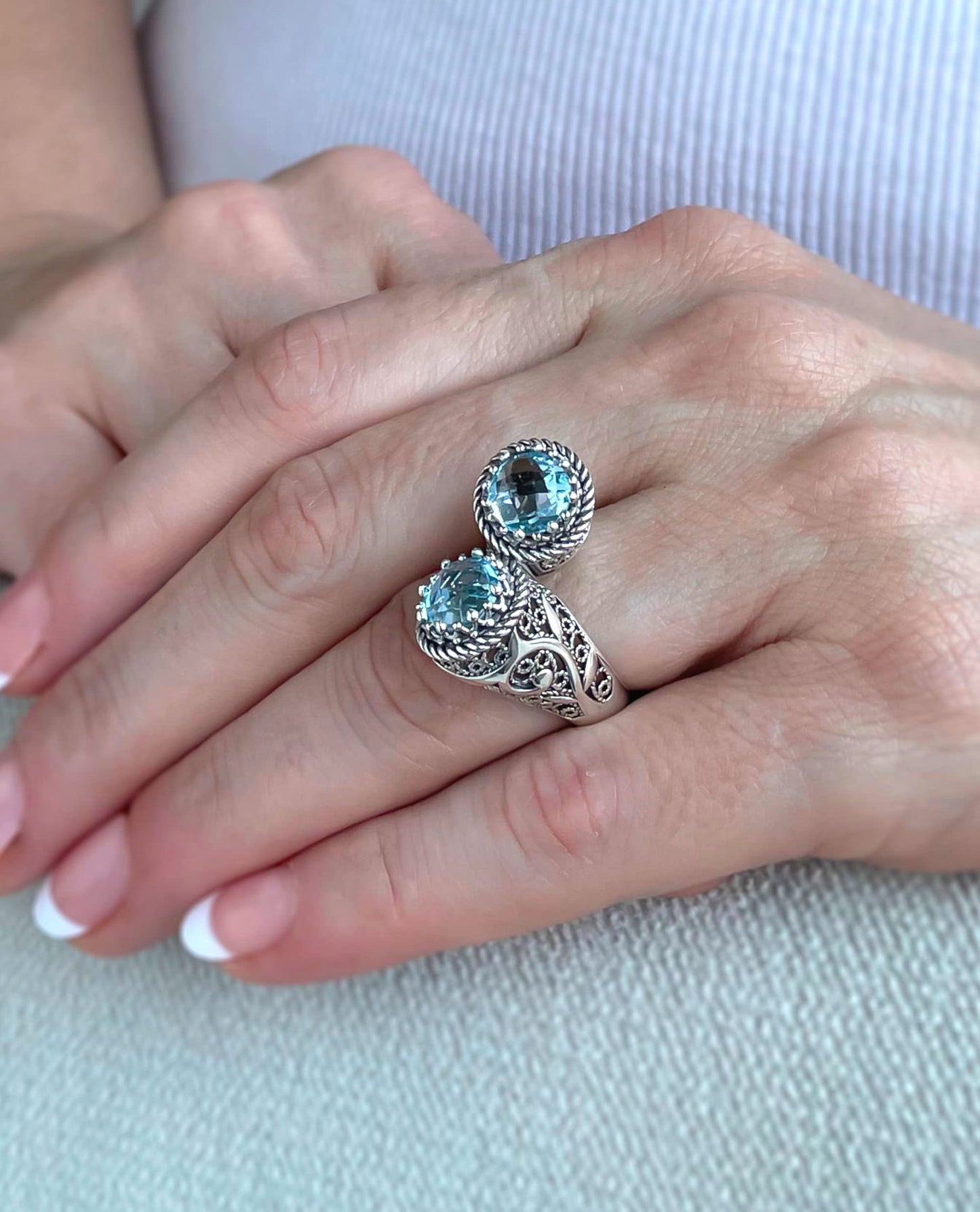 925 Sterling Silver Filigree Art Lace Embroidery Women Double Stone Bypass Cocktail Ring with Amethyst, Citrine, Blue Topaz, Blue Quartz Gemstones, Luxurious Gift Packed