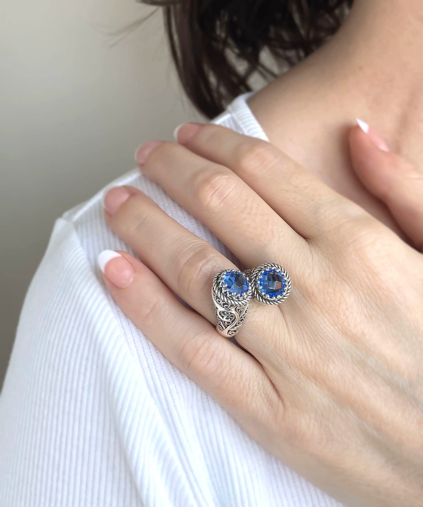 925 Sterling Silver Filigree Art Lace Embroidery Women Double Stone Bypass Cocktail Ring with Amethyst, Citrine, Blue Topaz, Blue Quartz Gemstones, Luxurious Gift Packed