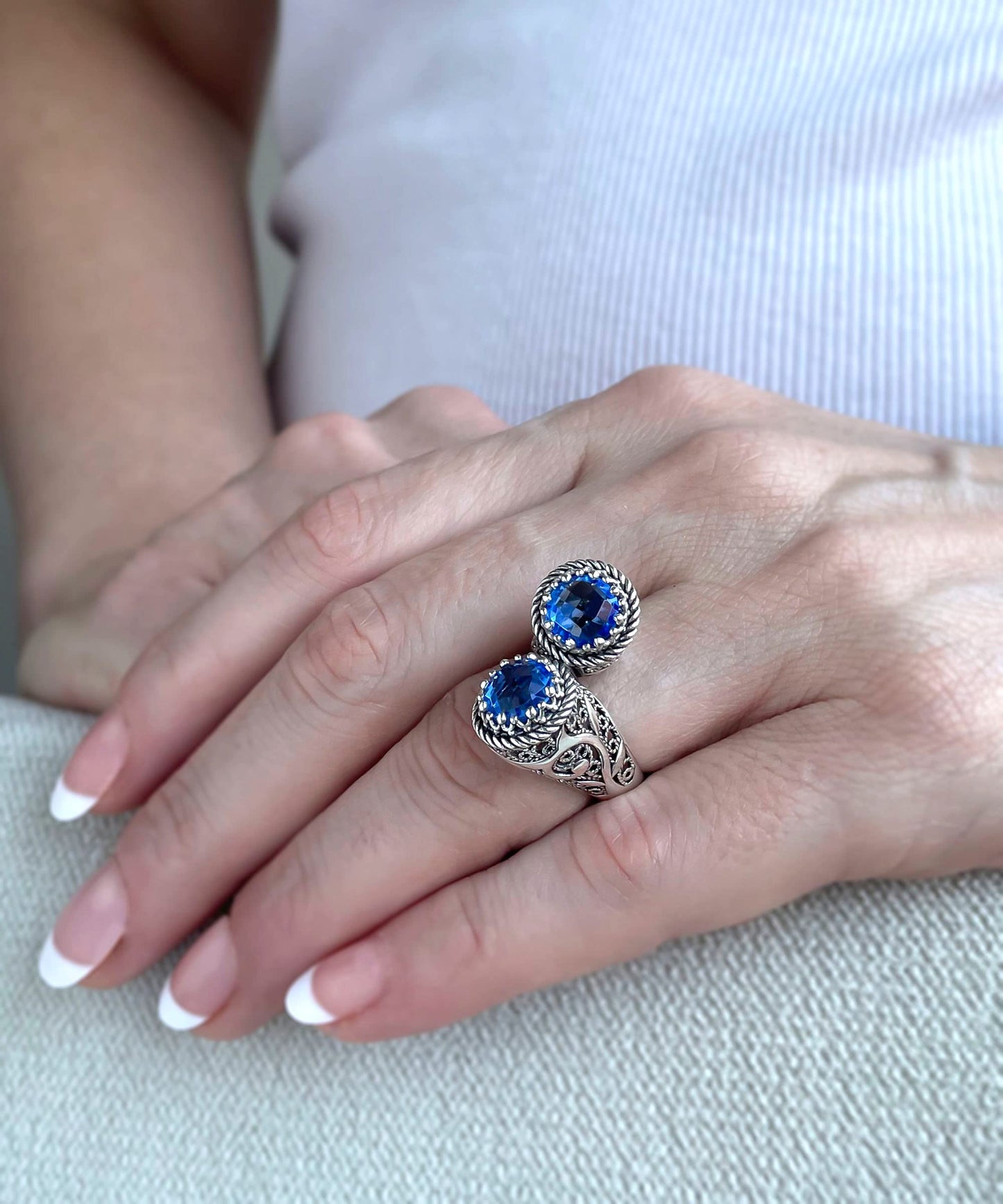 925 Sterling Silver Filigree Art Lace Embroidery Women Double Stone Bypass Cocktail Ring with Amethyst, Citrine, Blue Topaz, Blue Quartz Gemstones, Luxurious Gift Packed