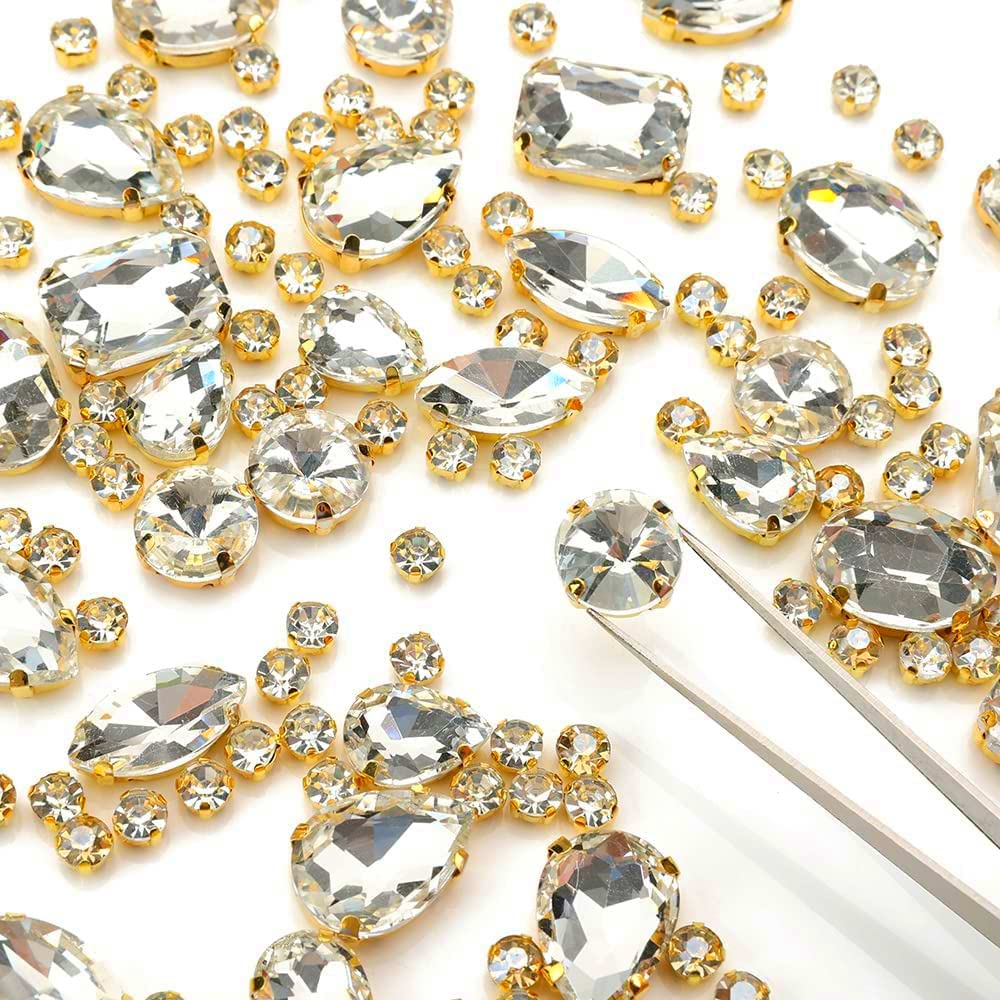 Choupee 130PCS Sew on Glass Rhinestone Blue,Sew On Rhinestone Metal Back Prong Setting Sewing Claw Rhinestone Mixed Shapes Sew On Glass Gems for Jewelry, Clothes, Costume, Shoes,Dress, Garments
