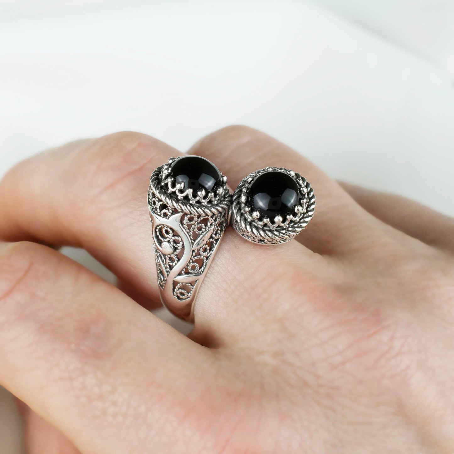 925 Sterling Silver Filigree Art Lace Embroidery Women Double Stone Bypass Cocktail Ring with Amethyst, Citrine, Blue Topaz, Blue Quartz Gemstones, Luxurious Gift Packed