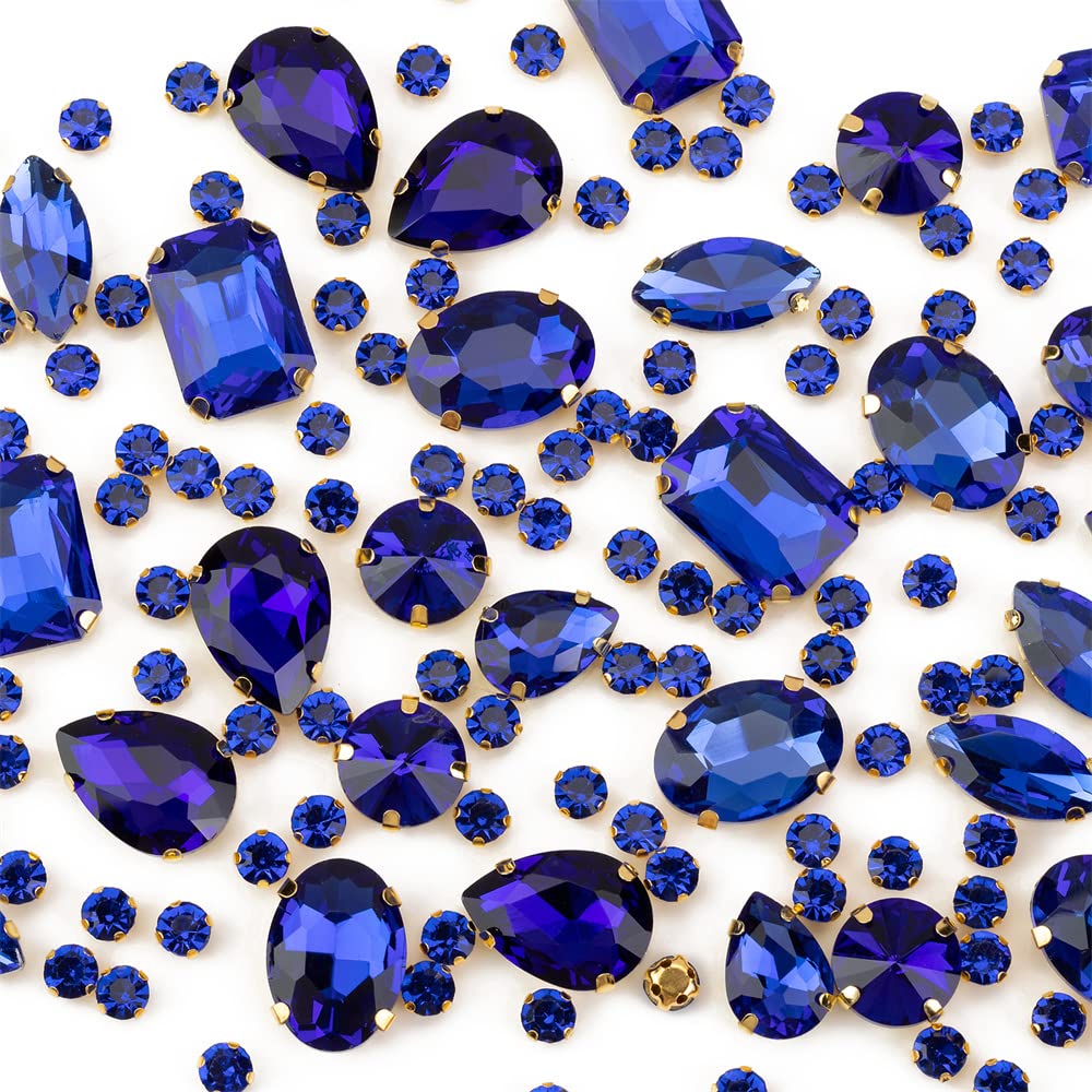 Choupee 130PCS Sew on Glass Rhinestone Blue,Sew On Rhinestone Metal Back Prong Setting Sewing Claw Rhinestone Mixed Shapes Sew On Glass Gems for Jewelry, Clothes, Costume, Shoes,Dress, Garments