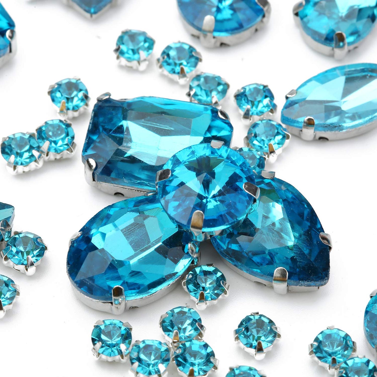Choupee 130PCS Sew on Glass Rhinestone Blue,Sew On Rhinestone Metal Back Prong Setting Sewing Claw Rhinestone Mixed Shapes Sew On Glass Gems for Jewelry, Clothes, Costume, Shoes,Dress, Garments