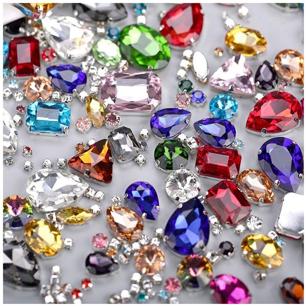 Choupee 130PCS Sew on Glass Rhinestone Blue,Sew On Rhinestone Metal Back Prong Setting Sewing Claw Rhinestone Mixed Shapes Sew On Glass Gems for Jewelry, Clothes, Costume, Shoes,Dress, Garments