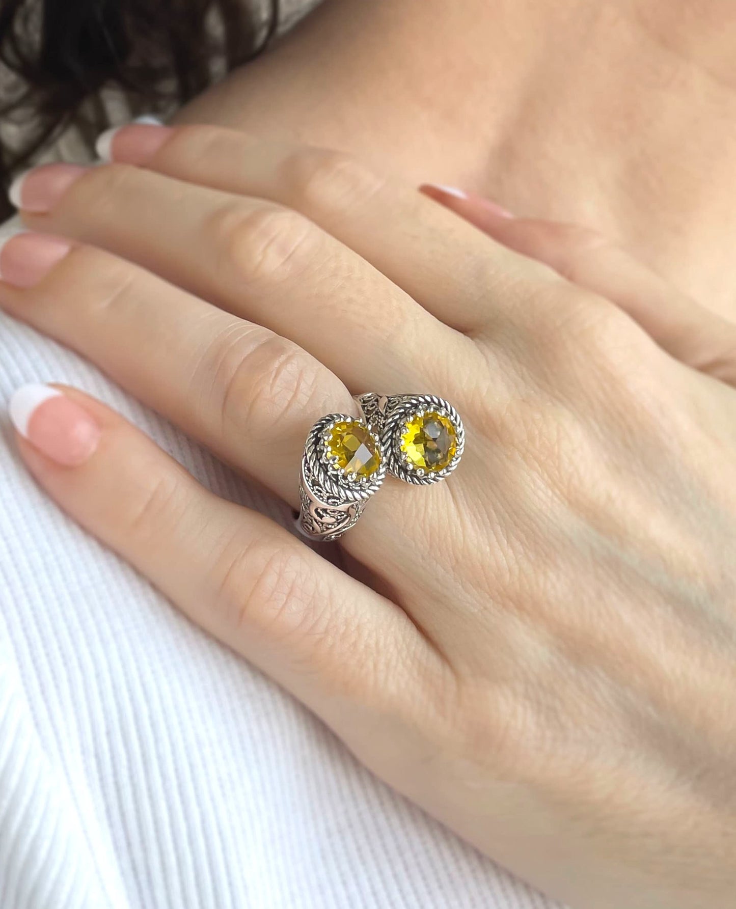 925 Sterling Silver Filigree Art Lace Embroidery Women Double Stone Bypass Cocktail Ring with Amethyst, Citrine, Blue Topaz, Blue Quartz Gemstones, Luxurious Gift Packed