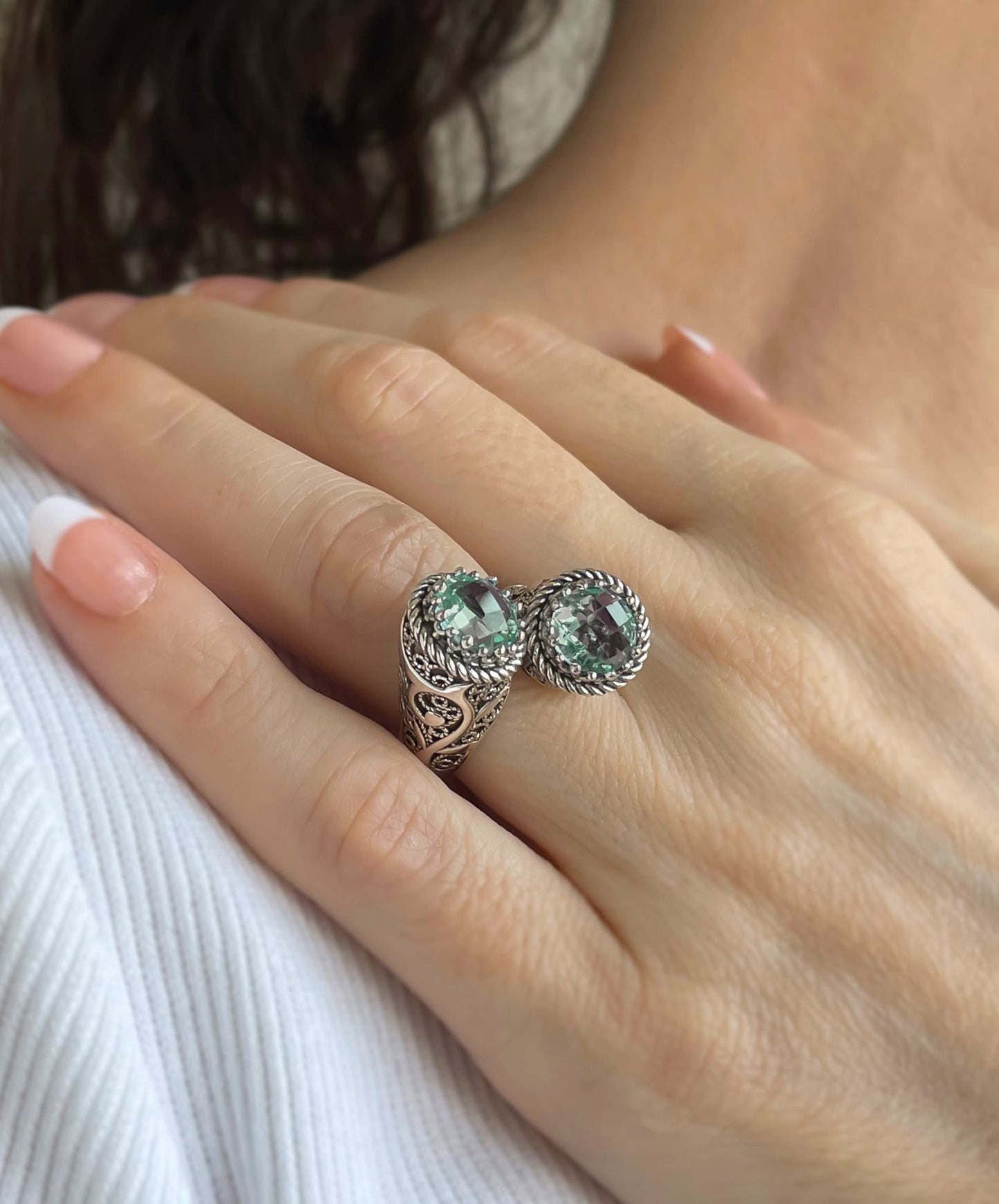 925 Sterling Silver Filigree Art Lace Embroidery Women Double Stone Bypass Cocktail Ring with Amethyst, Citrine, Blue Topaz, Blue Quartz Gemstones, Luxurious Gift Packed