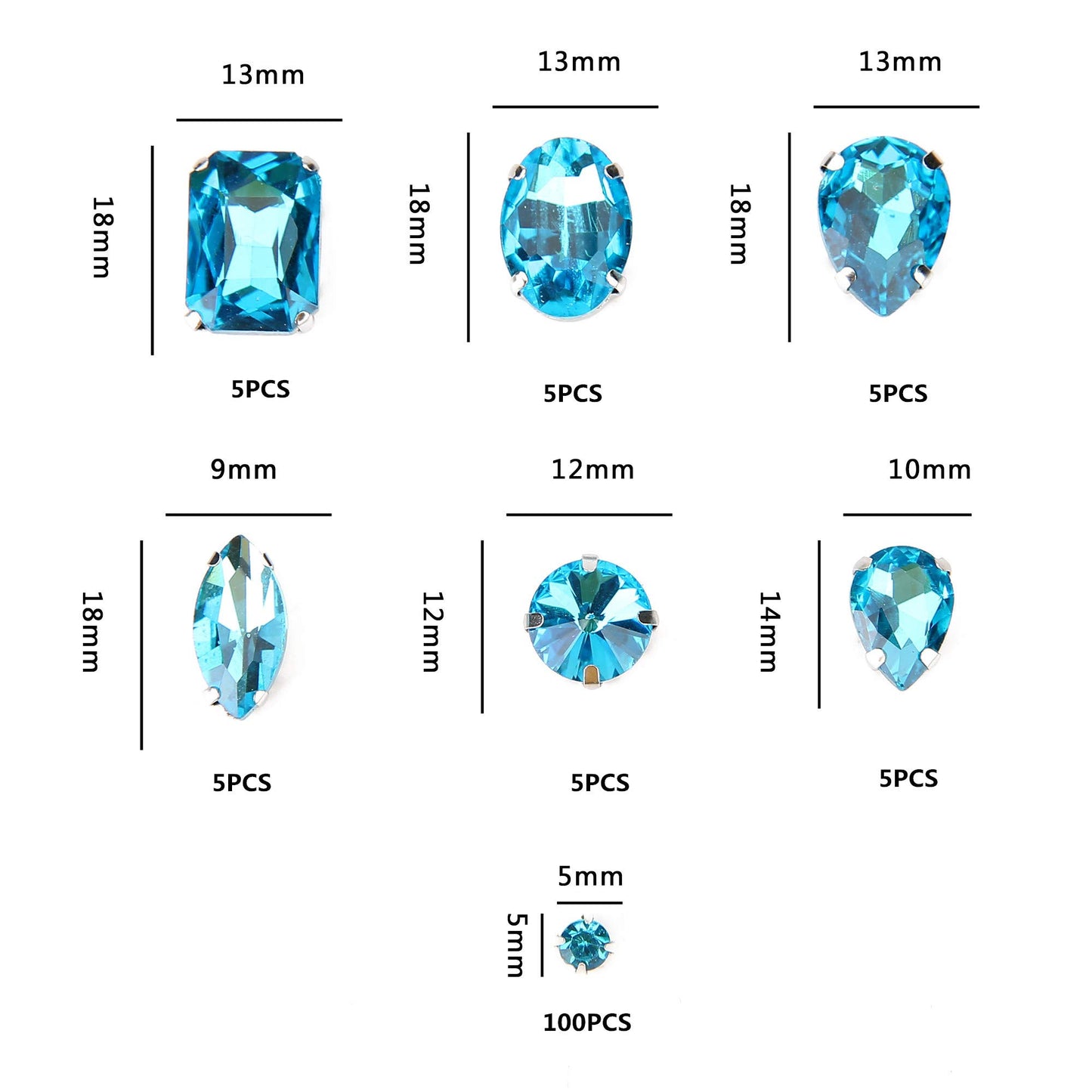 Choupee 130PCS Sew on Glass Rhinestone Blue,Sew On Rhinestone Metal Back Prong Setting Sewing Claw Rhinestone Mixed Shapes Sew On Glass Gems for Jewelry, Clothes, Costume, Shoes,Dress, Garments