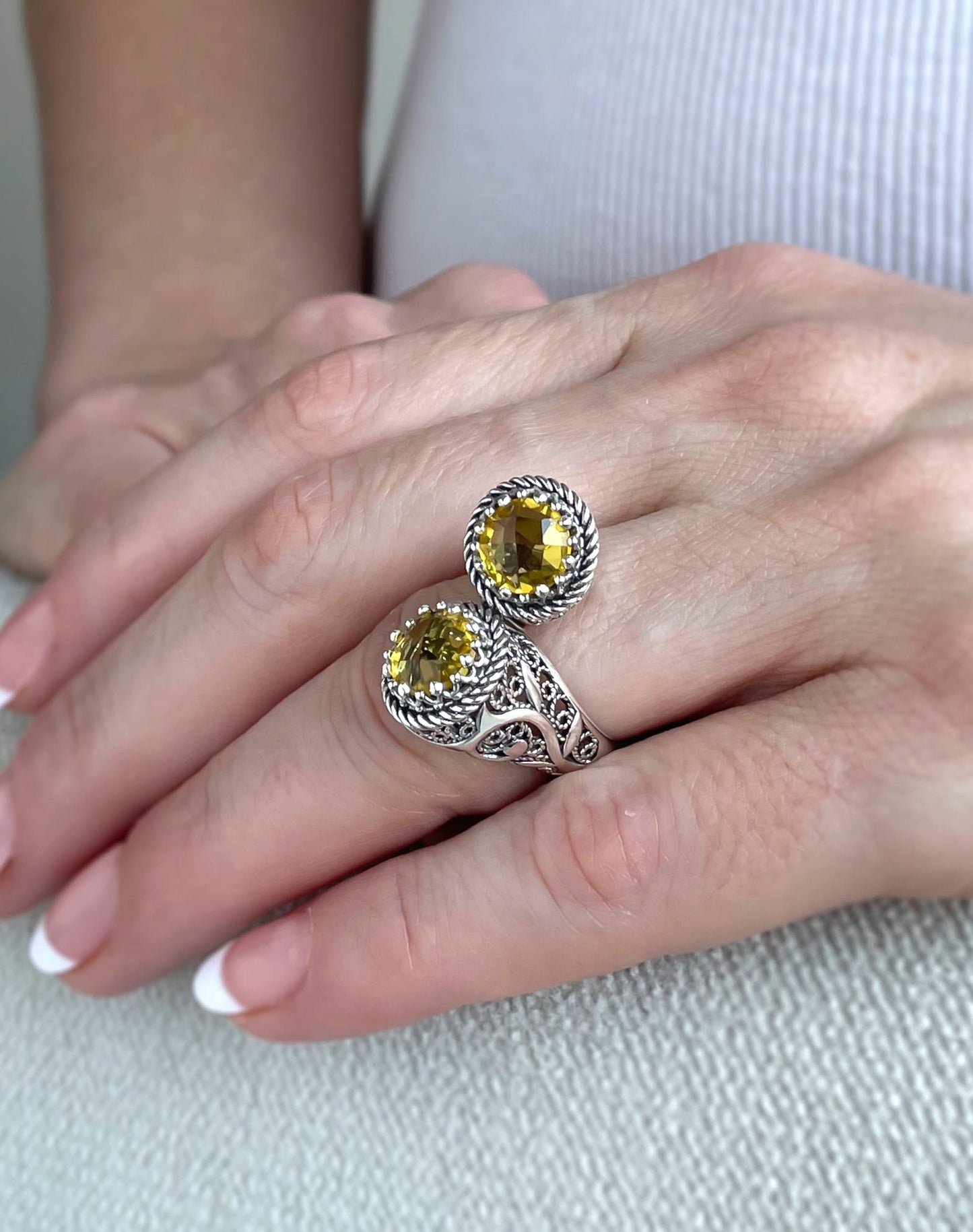 925 Sterling Silver Filigree Art Lace Embroidery Women Double Stone Bypass Cocktail Ring with Amethyst, Citrine, Blue Topaz, Blue Quartz Gemstones, Luxurious Gift Packed