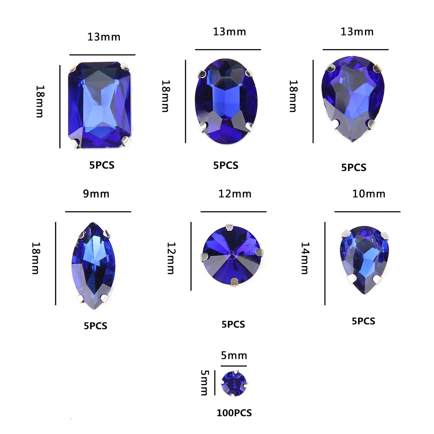Choupee 130PCS Sew on Glass Rhinestone Blue,Sew On Rhinestone Metal Back Prong Setting Sewing Claw Rhinestone Mixed Shapes Sew On Glass Gems for Jewelry, Clothes, Costume, Shoes,Dress, Garments