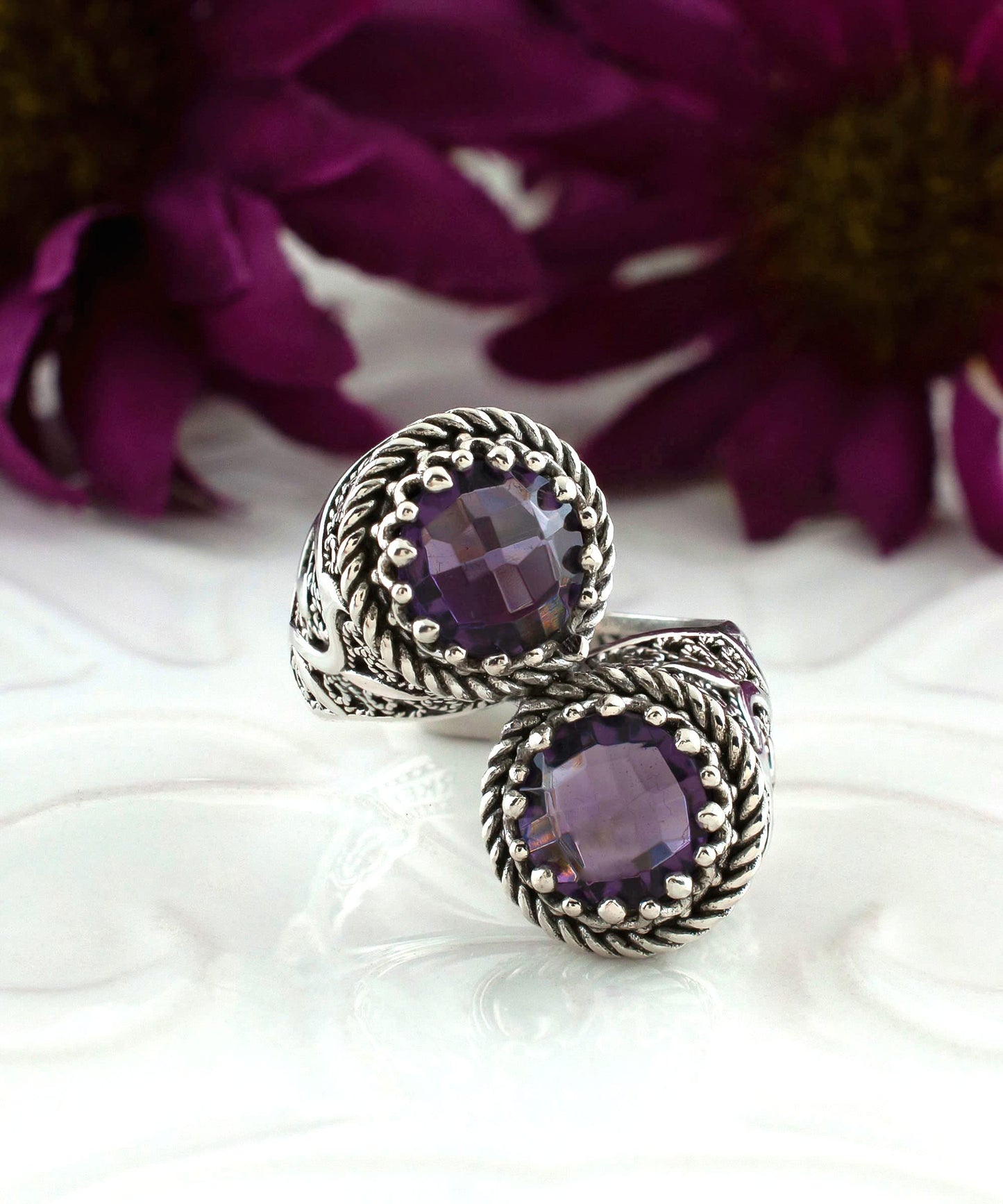 925 Sterling Silver Filigree Art Lace Embroidery Women Double Stone Bypass Cocktail Ring with Amethyst, Citrine, Blue Topaz, Blue Quartz Gemstones, Luxurious Gift Packed