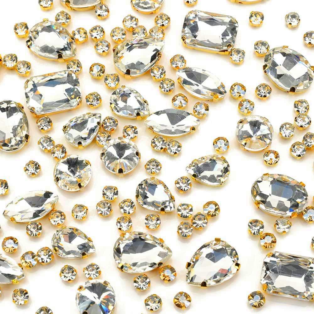 Choupee 130PCS Sew on Glass Rhinestone Blue,Sew On Rhinestone Metal Back Prong Setting Sewing Claw Rhinestone Mixed Shapes Sew On Glass Gems for Jewelry, Clothes, Costume, Shoes,Dress, Garments