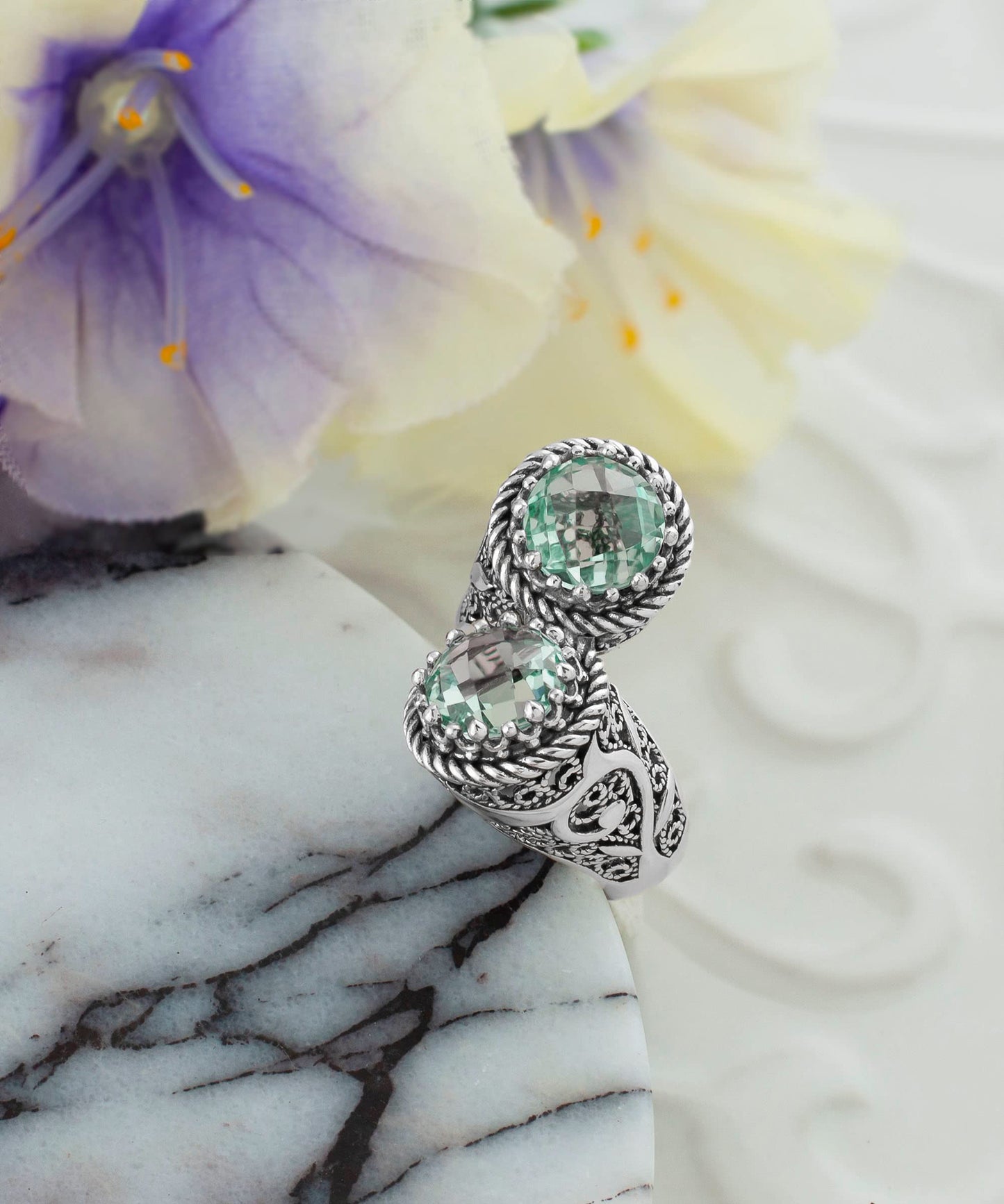 925 Sterling Silver Filigree Art Lace Embroidery Women Double Stone Bypass Cocktail Ring with Amethyst, Citrine, Blue Topaz, Blue Quartz Gemstones, Luxurious Gift Packed