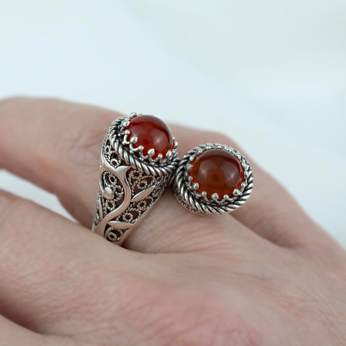 925 Sterling Silver Filigree Art Lace Embroidery Women Double Stone Bypass Cocktail Ring with Amethyst, Citrine, Blue Topaz, Blue Quartz Gemstones, Luxurious Gift Packed