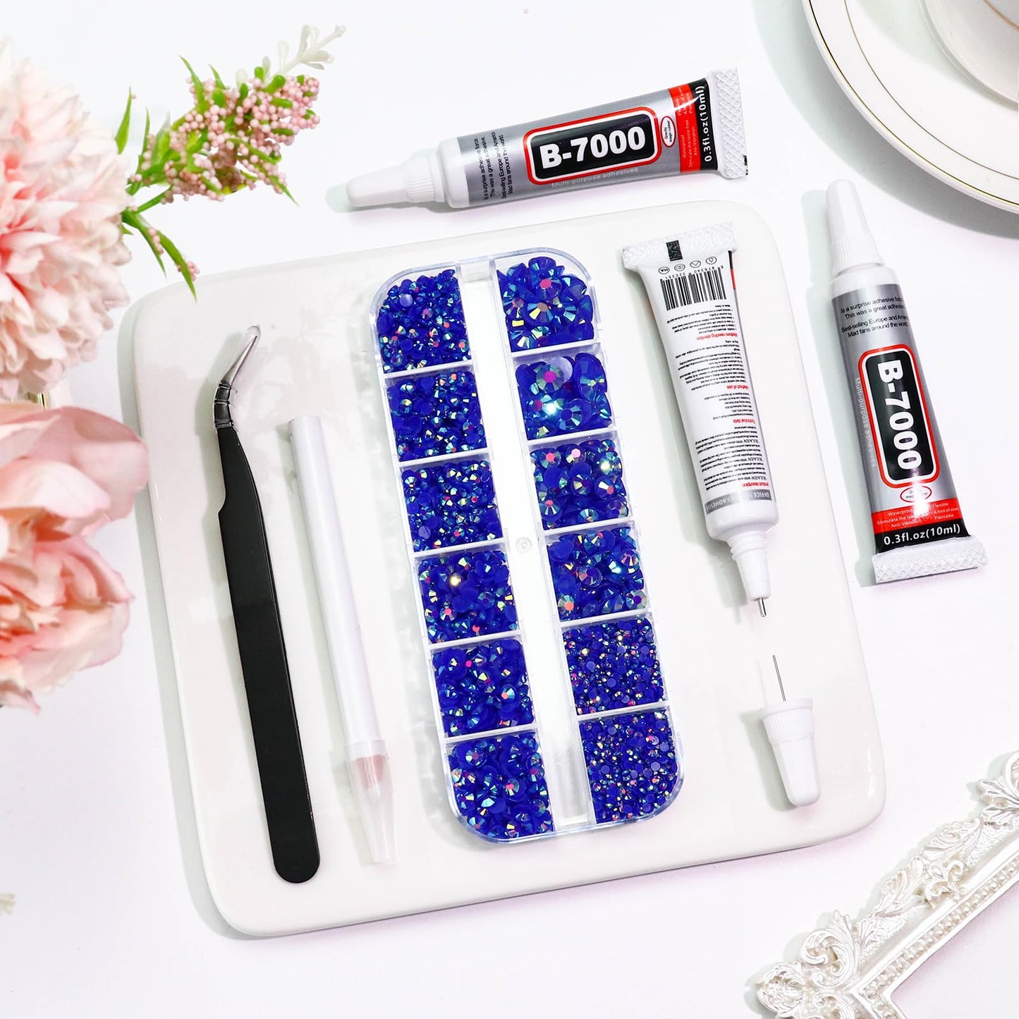 B7000 Clear Glue with 4000PCS Light Blue AB Rhinestones for Crafts Clothing Fabric Shoes, Glue Fix Sky Blue Flatback Gems for Nails Face Jewelry, Mixed 5 Sizes Diamond Gemstones Bejeweled Kit