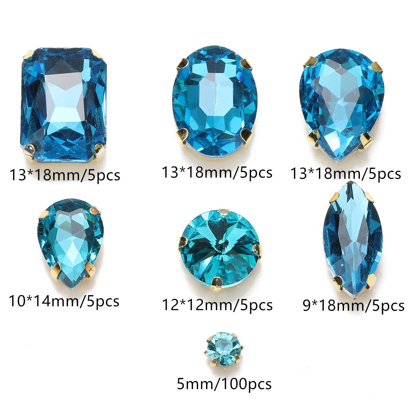 Choupee 130PCS Sew on Glass Rhinestone Blue,Sew On Rhinestone Metal Back Prong Setting Sewing Claw Rhinestone Mixed Shapes Sew On Glass Gems for Jewelry, Clothes, Costume, Shoes,Dress, Garments