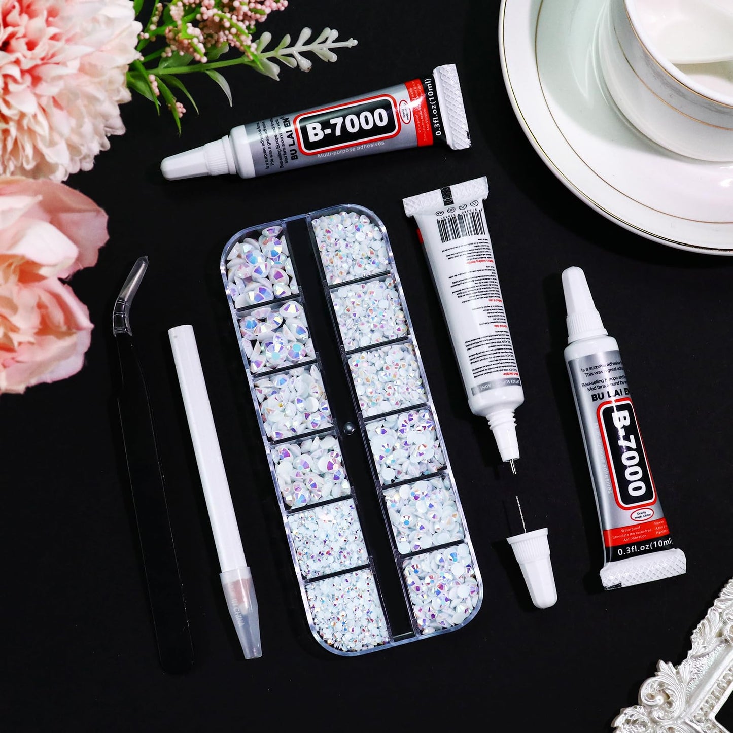 B7000 Clear Glue with 4000PCS Light Blue AB Rhinestones for Crafts Clothing Fabric Shoes, Glue Fix Sky Blue Flatback Gems for Nails Face Jewelry, Mixed 5 Sizes Diamond Gemstones Bejeweled Kit