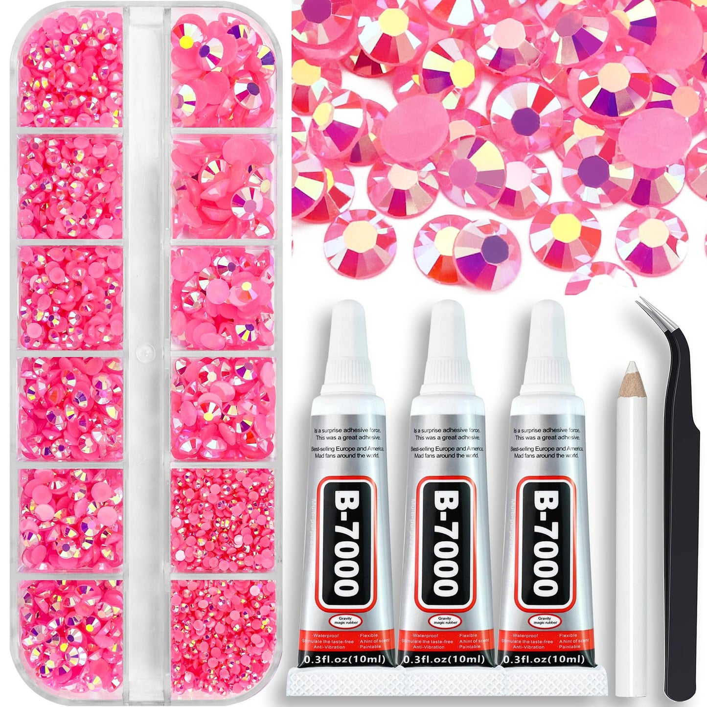 B7000 Clear Glue with 4000PCS Light Blue AB Rhinestones for Crafts Clothing Fabric Shoes, Glue Fix Sky Blue Flatback Gems for Nails Face Jewelry, Mixed 5 Sizes Diamond Gemstones Bejeweled Kit
