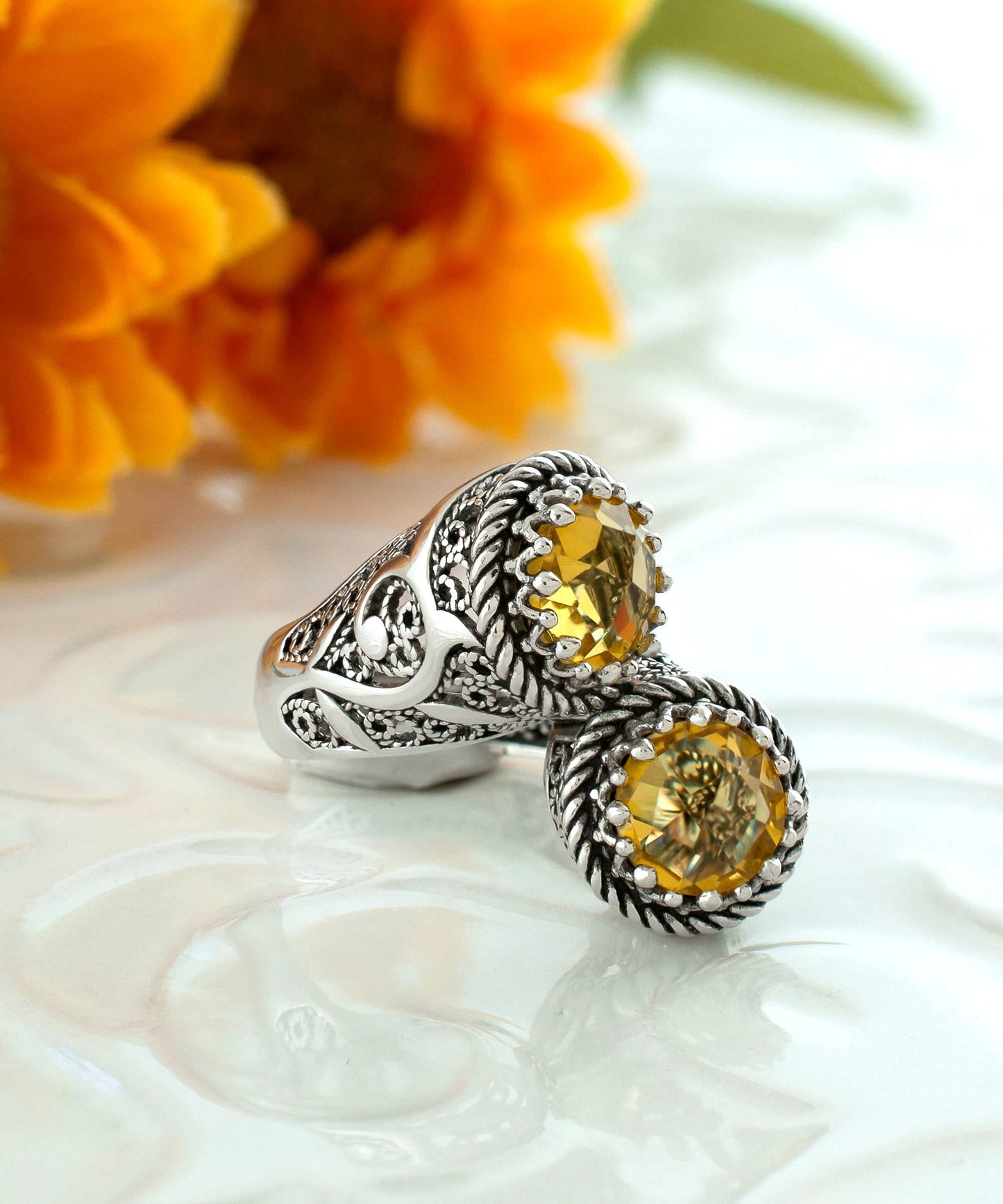 925 Sterling Silver Filigree Art Lace Embroidery Women Double Stone Bypass Cocktail Ring with Amethyst, Citrine, Blue Topaz, Blue Quartz Gemstones, Luxurious Gift Packed