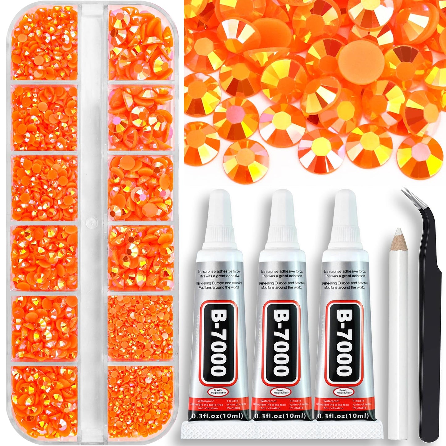 B7000 Clear Glue with 4000PCS Light Blue AB Rhinestones for Crafts Clothing Fabric Shoes, Glue Fix Sky Blue Flatback Gems for Nails Face Jewelry, Mixed 5 Sizes Diamond Gemstones Bejeweled Kit