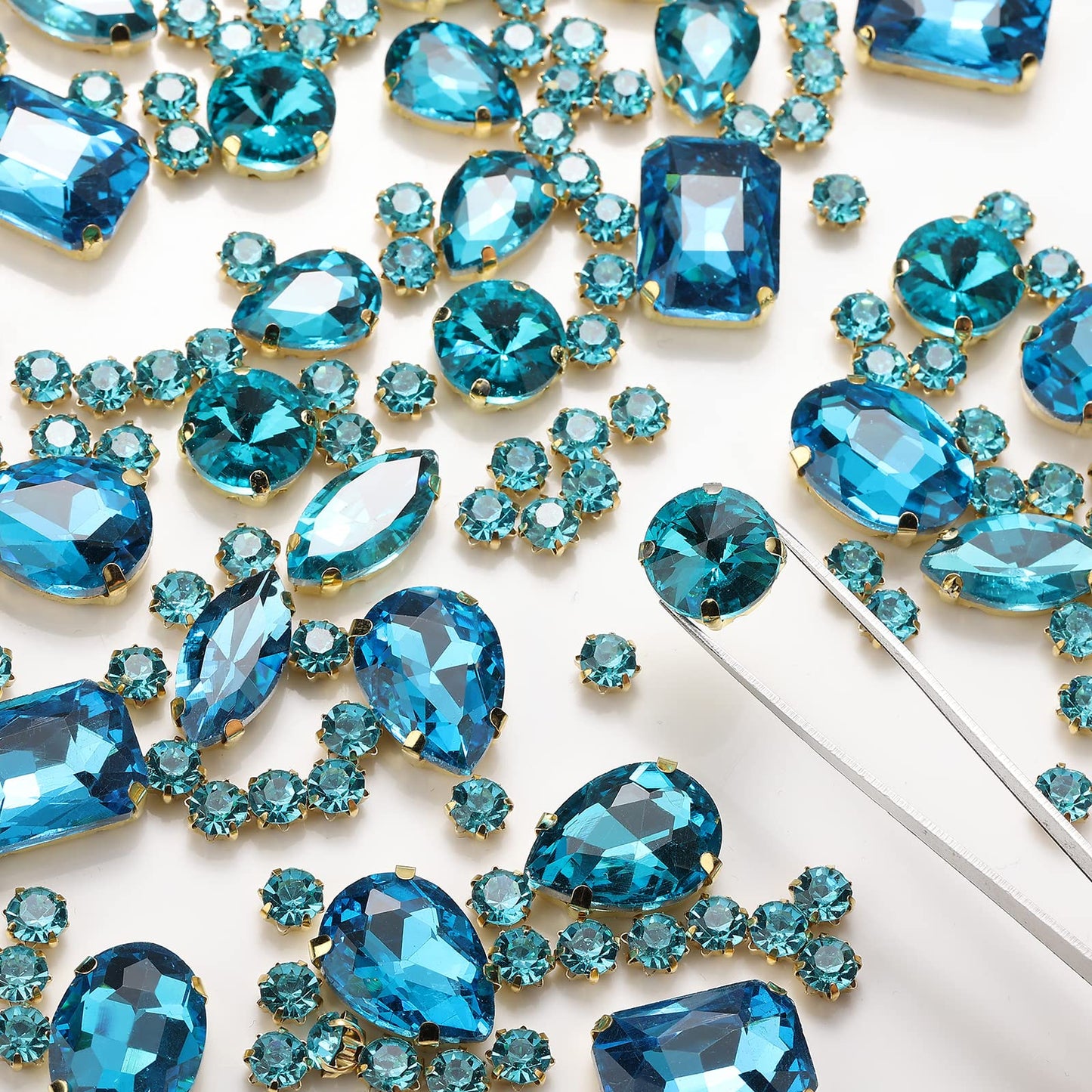 Choupee 130PCS Sew on Glass Rhinestone Blue,Sew On Rhinestone Metal Back Prong Setting Sewing Claw Rhinestone Mixed Shapes Sew On Glass Gems for Jewelry, Clothes, Costume, Shoes,Dress, Garments