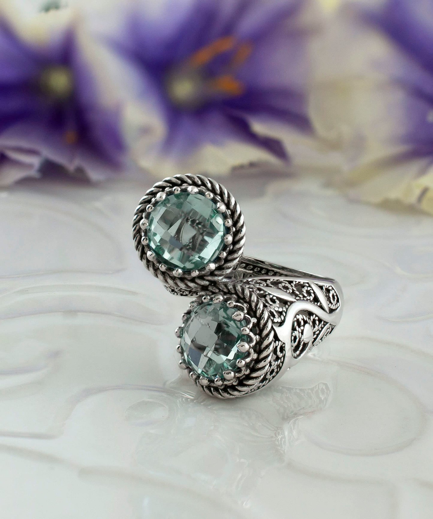 925 Sterling Silver Filigree Art Lace Embroidery Women Double Stone Bypass Cocktail Ring with Amethyst, Citrine, Blue Topaz, Blue Quartz Gemstones, Luxurious Gift Packed