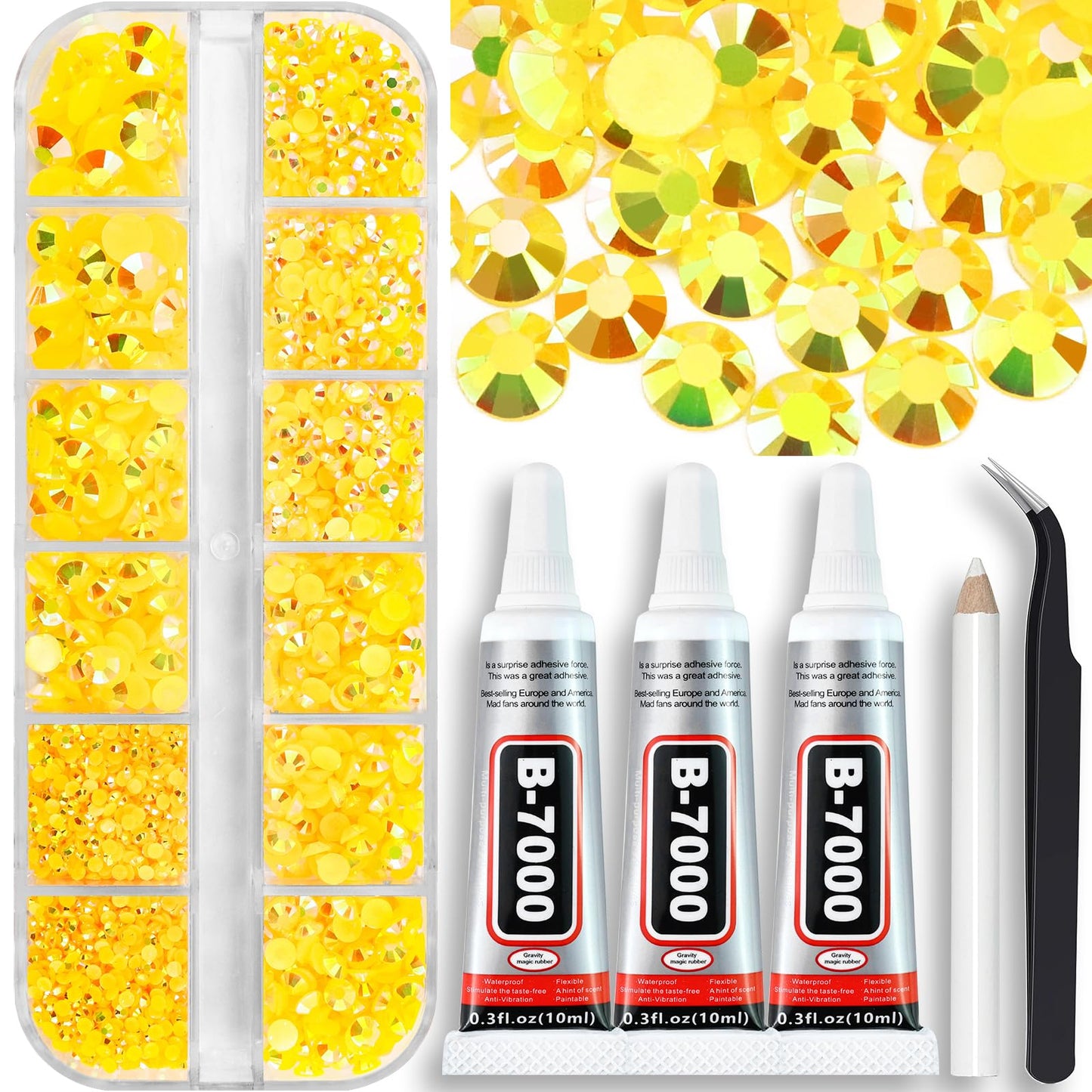B7000 Clear Glue with 4000PCS Light Blue AB Rhinestones for Crafts Clothing Fabric Shoes, Glue Fix Sky Blue Flatback Gems for Nails Face Jewelry, Mixed 5 Sizes Diamond Gemstones Bejeweled Kit