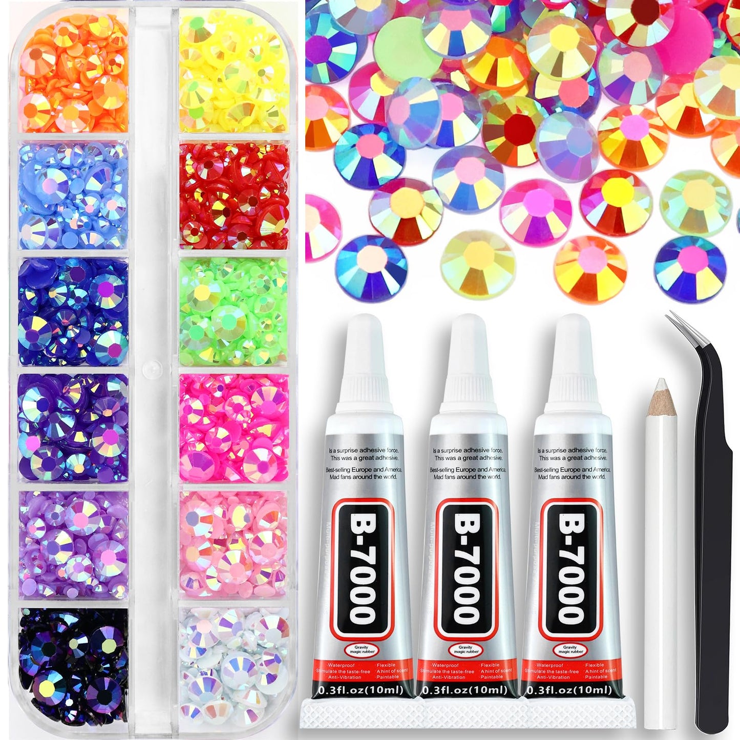 B7000 Clear Glue with 4000PCS Light Blue AB Rhinestones for Crafts Clothing Fabric Shoes, Glue Fix Sky Blue Flatback Gems for Nails Face Jewelry, Mixed 5 Sizes Diamond Gemstones Bejeweled Kit